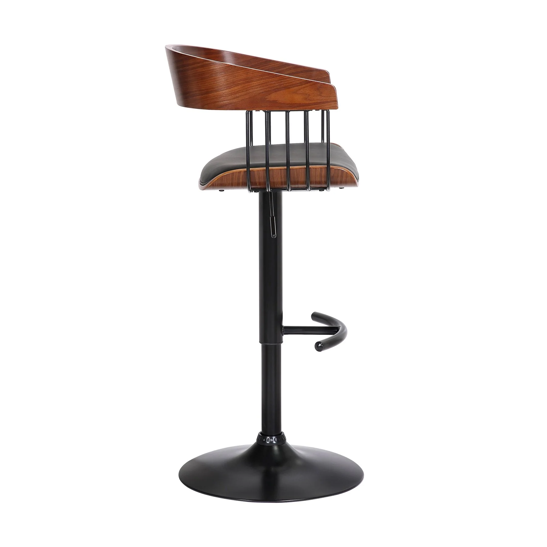 Larisa Adjustable Walnut Wood Bar Stool in Black Faux Leather with Black Metal - Image 3