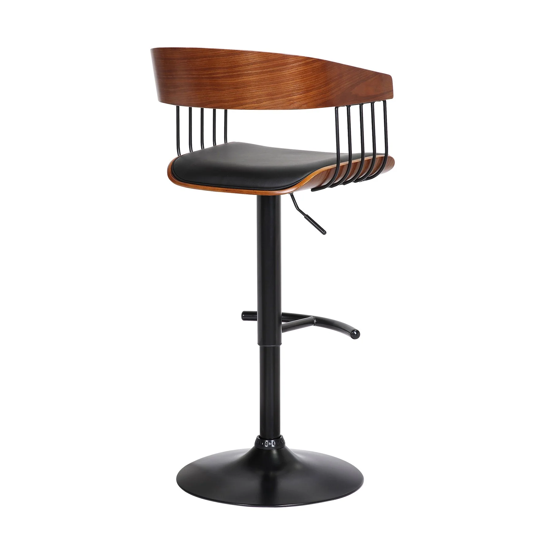 Larisa Adjustable Walnut Wood Bar Stool in Black Faux Leather with Black Metal - Image 4