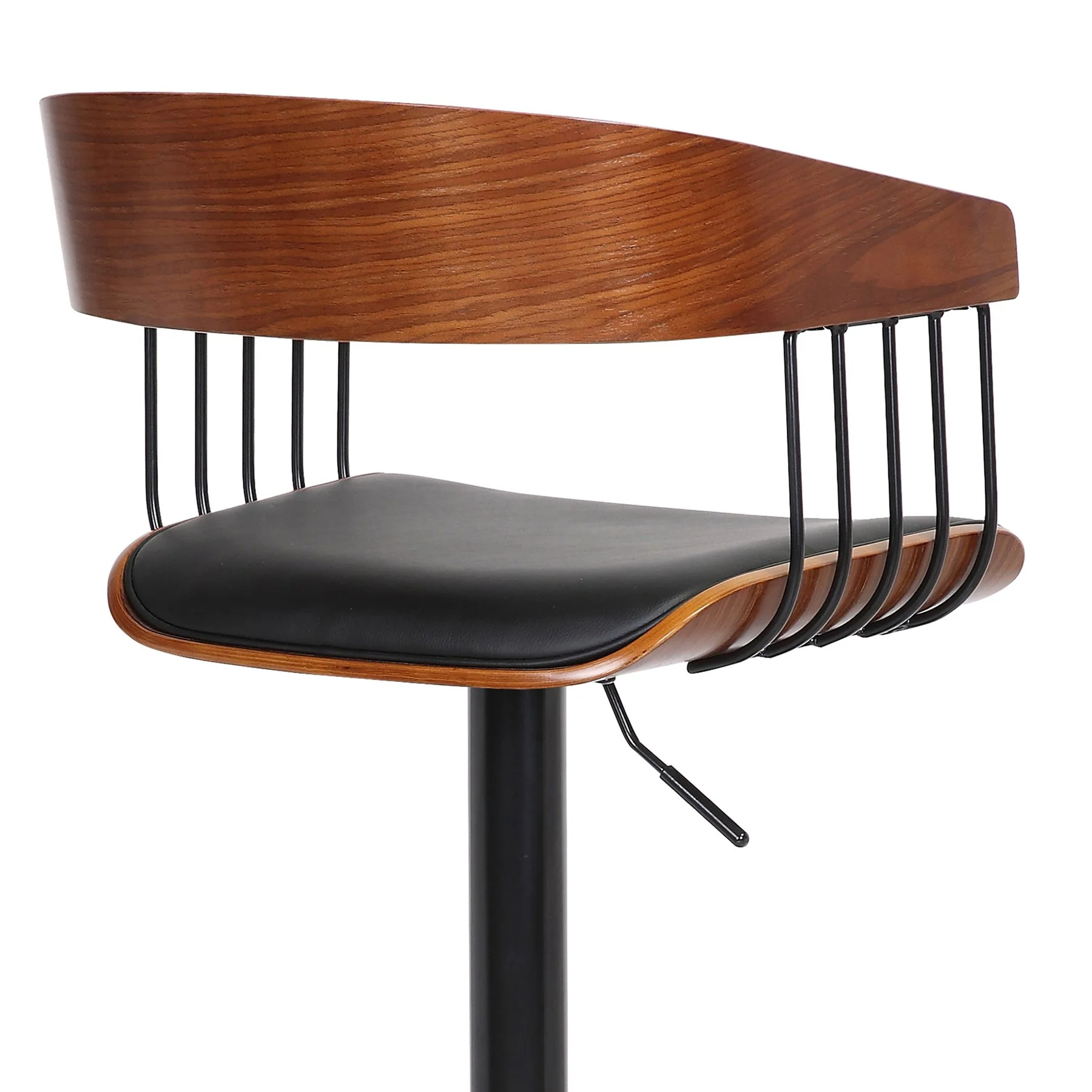 Larisa Adjustable Walnut Wood Bar Stool in Black Faux Leather with Black Metal - Image 7