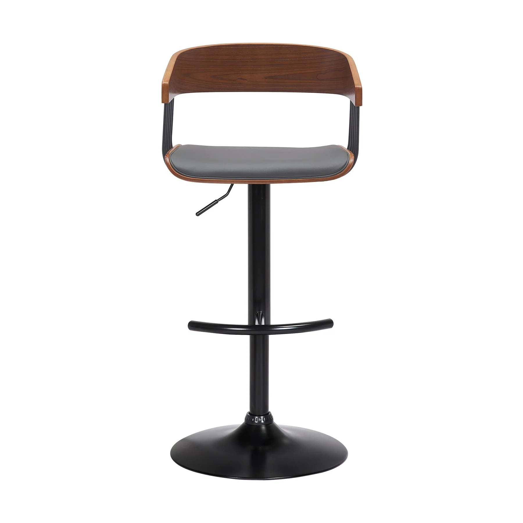 Larisa Adjustable Walnut Wood Bar Stool in Gray Faux Leather with Black Metal - Image 2
