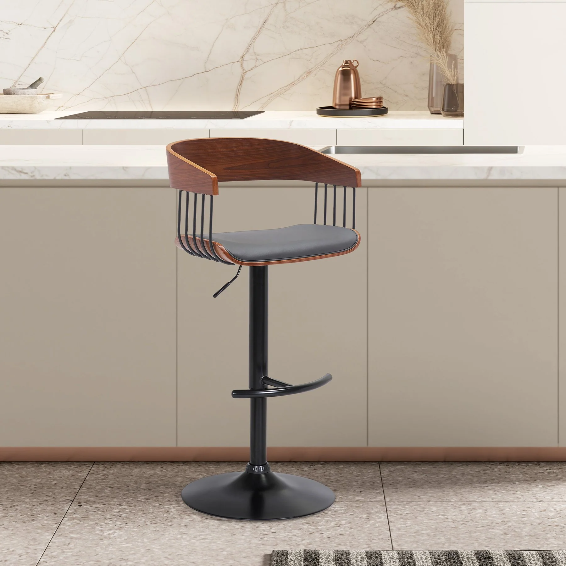 Larisa Adjustable Walnut Wood Bar Stool in Gray Faux Leather with Black Metal - Image 9