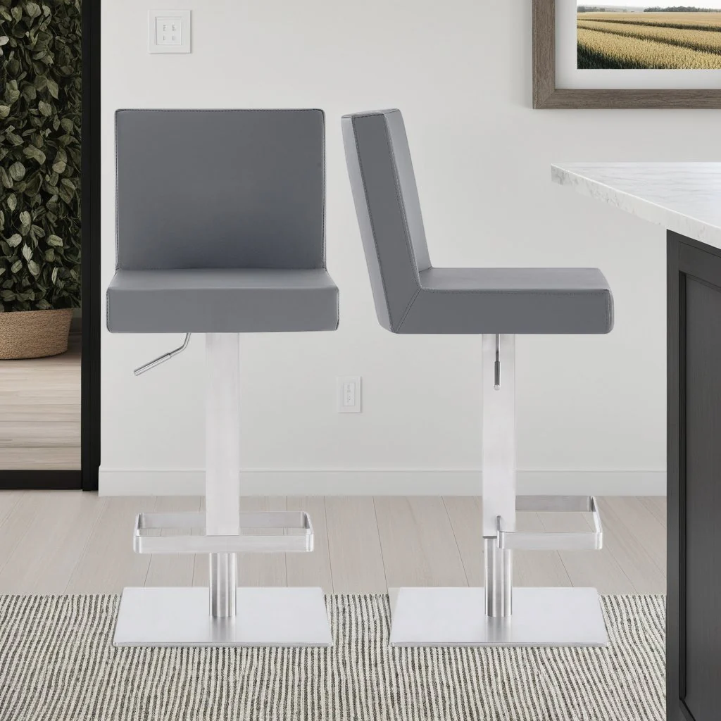 Legacy Adjustable Height Swivel Gray Faux Leather and Brushed Stainless Steel Bar Stool - Image 8