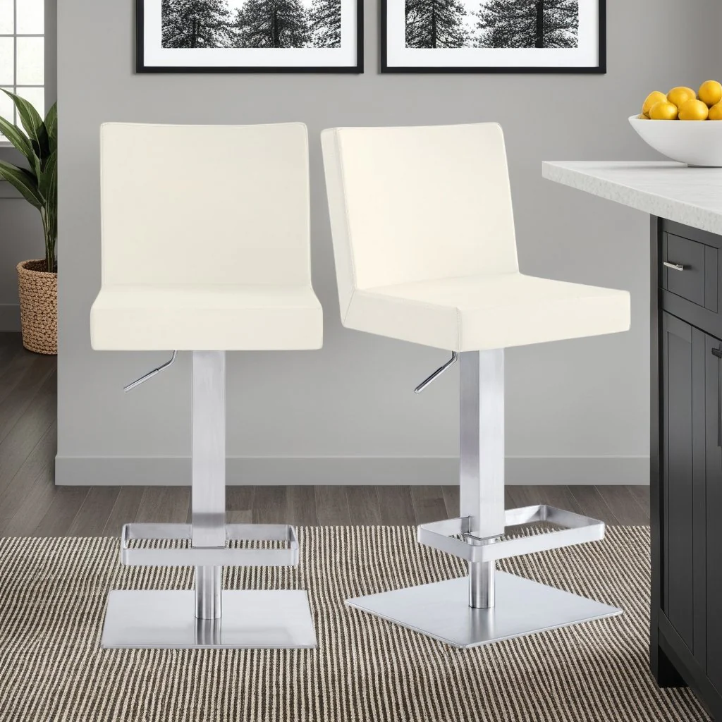 Legacy Adjustable Height Swivel Off-White Faux Leather and Brushed Stainless Steel Bar Stool - Image 8