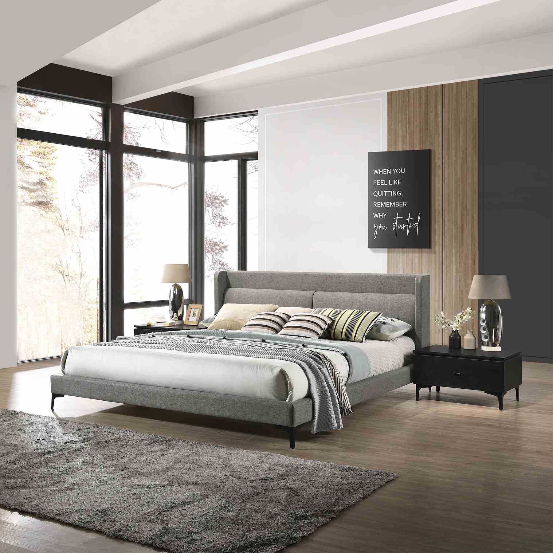 Legend 3 Piece Gray Fabric King Platform Bed and Nightstands Bedroom Set - Image 9