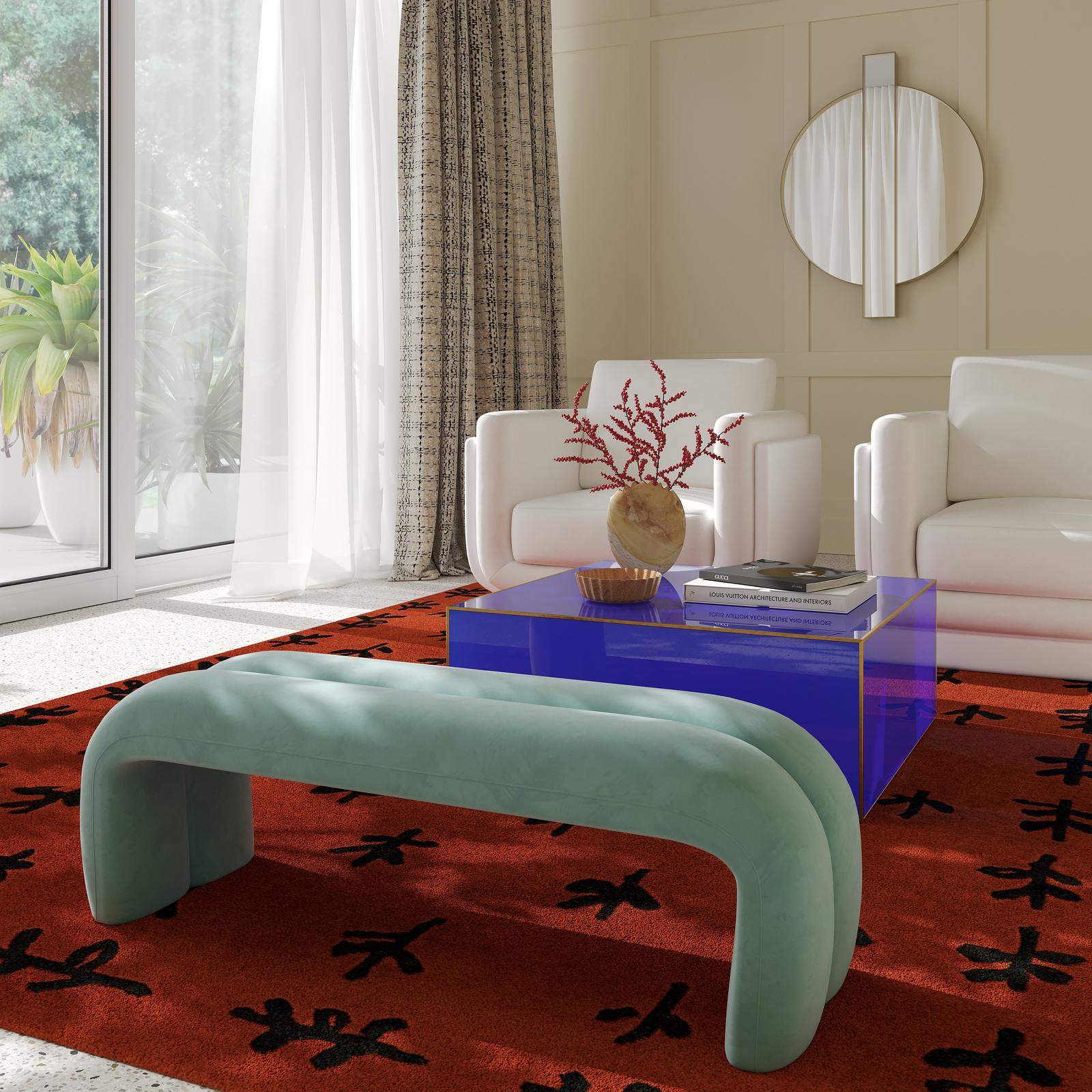 Leigh Green Velvet Channeled Bench - Image 3