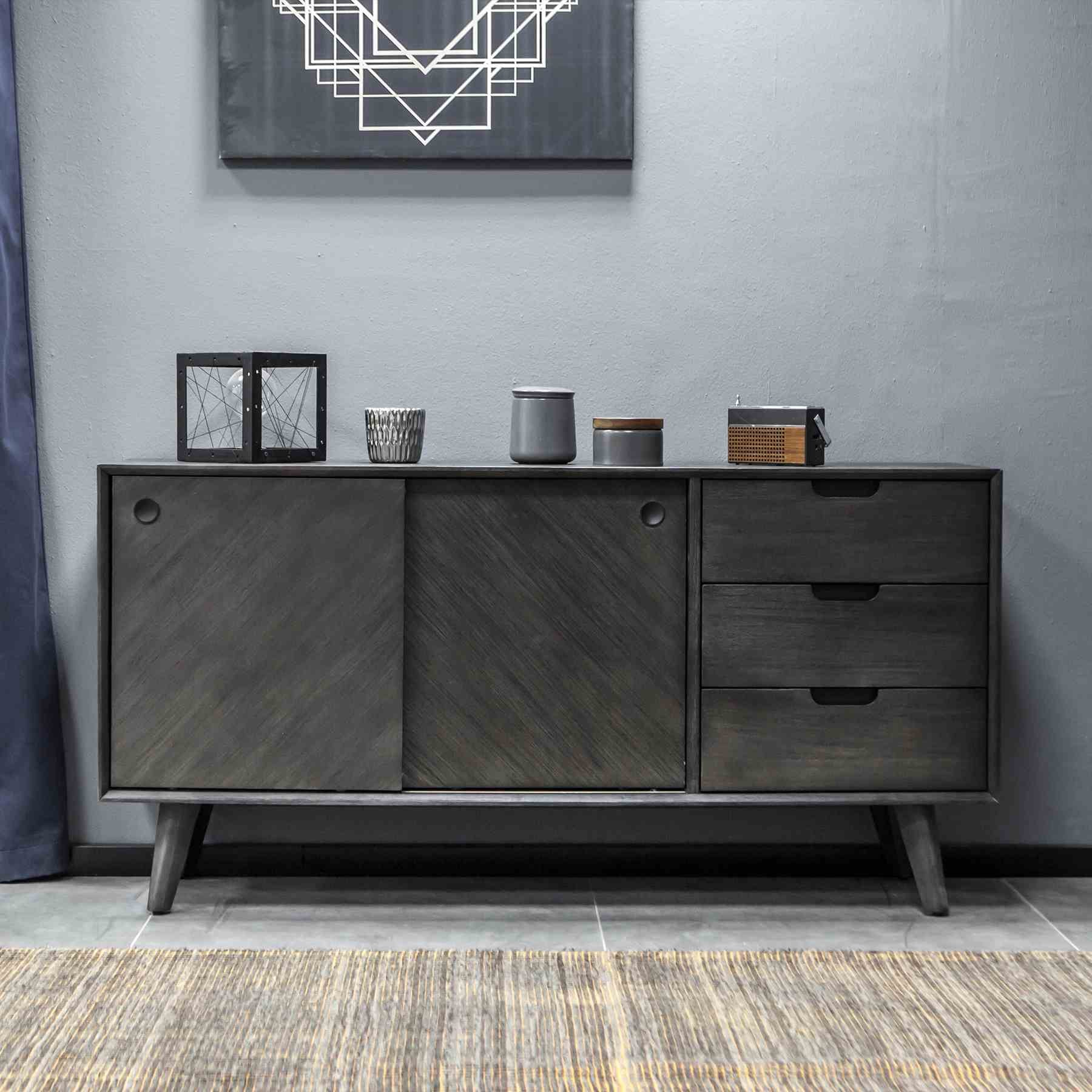 Leven Mid-Century Tundra Gray Acacia Buffet Cabinet - Image 2