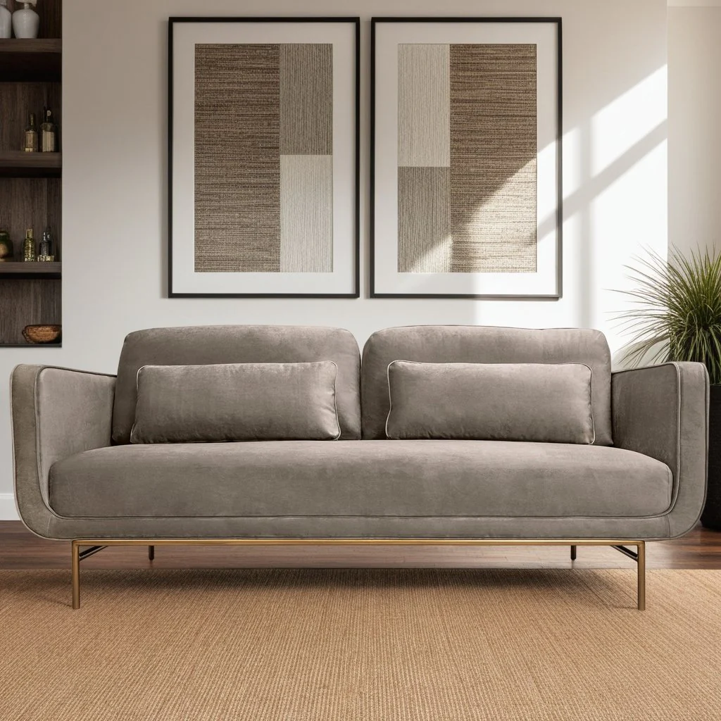 Lilou 77" Fossil Gray Velvet Sofa with Antique Brass Metal Legs - Image 9