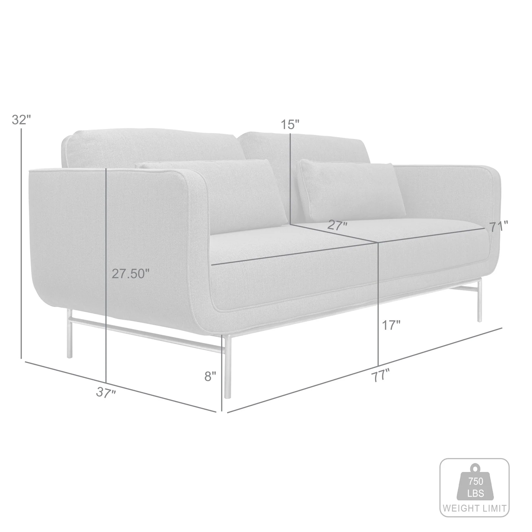 Lilou 77" Gray Fabric Sofa with Antique Brass Metal Legs - Image 8
