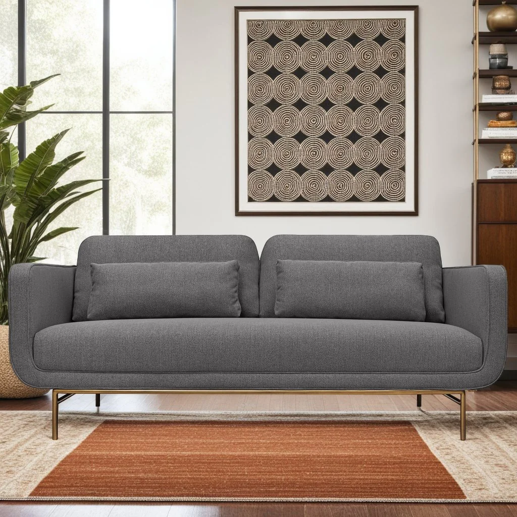 Lilou 77" Gray Fabric Sofa with Antique Brass Metal Legs - Image 9