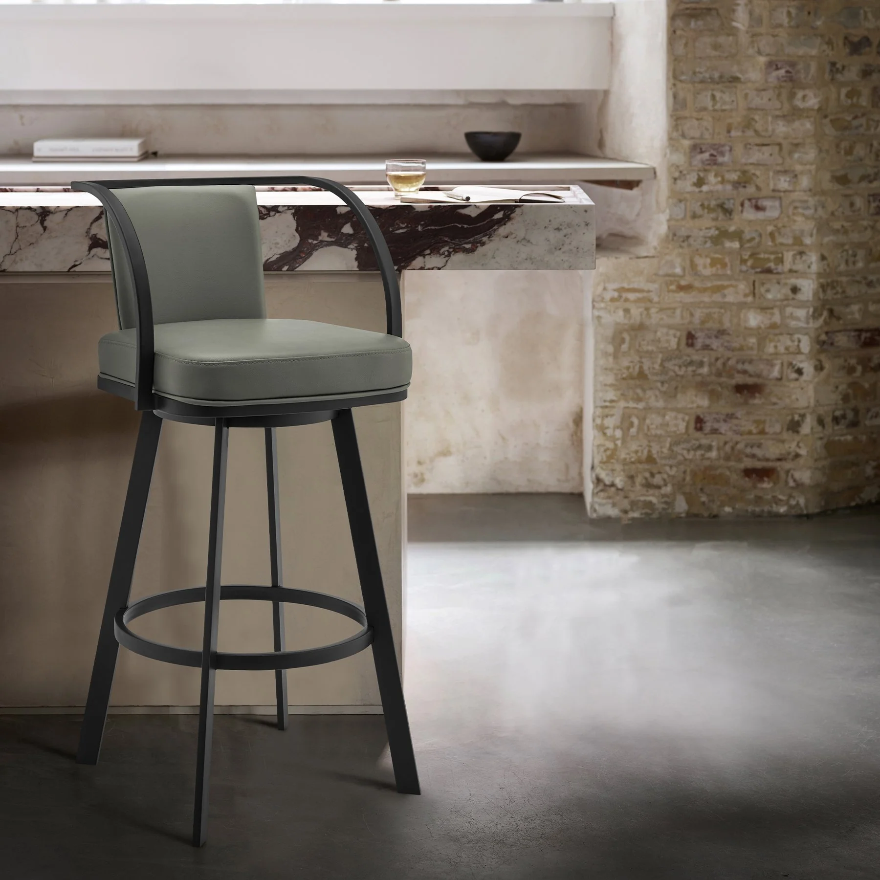 Livingston 26" Gray Faux Leather and Black Metal Swivel Bar Stool - Image 7