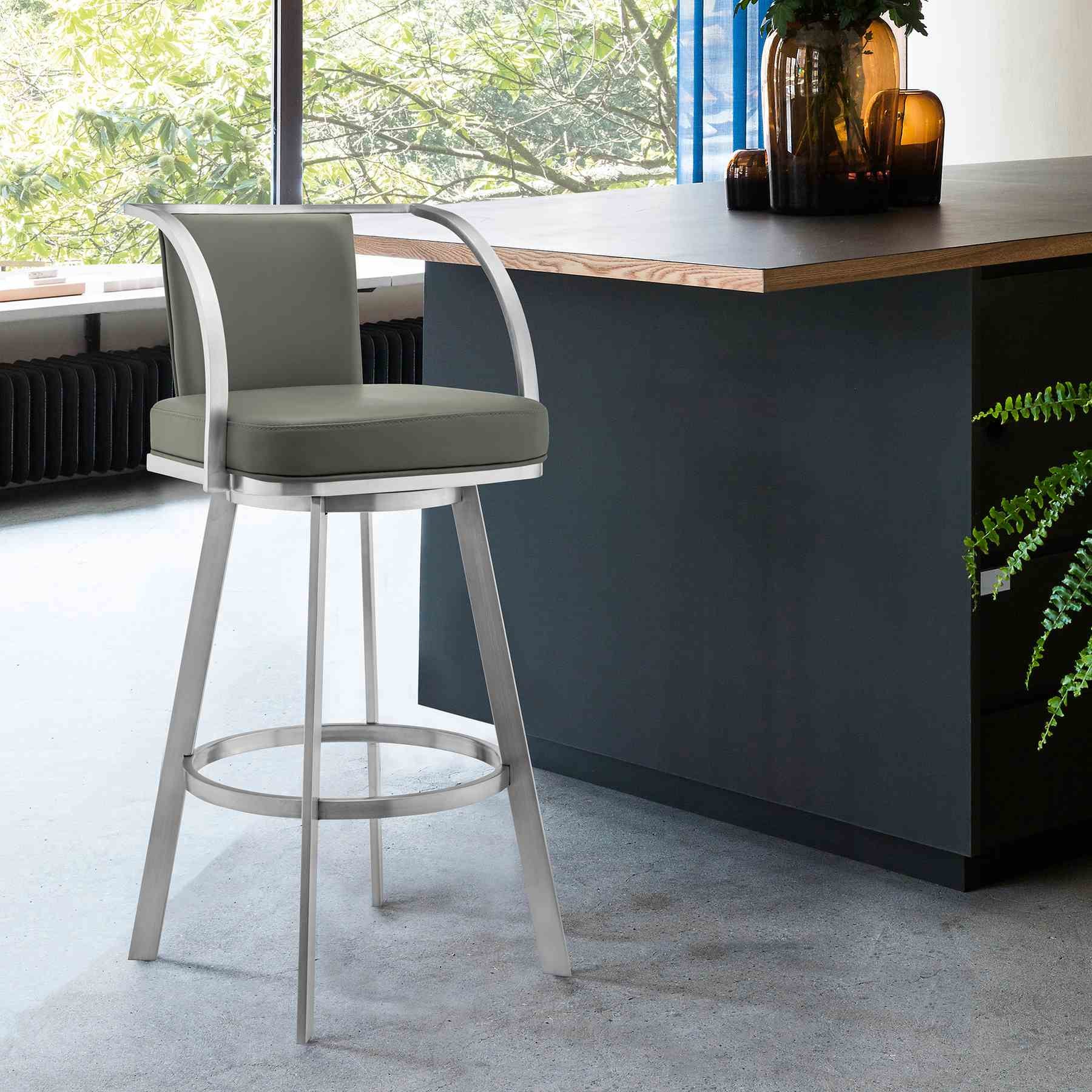 Livingston 30" Gray Faux Leather and Brushed Stainless Steel Swivel Bar Stool - Image 7