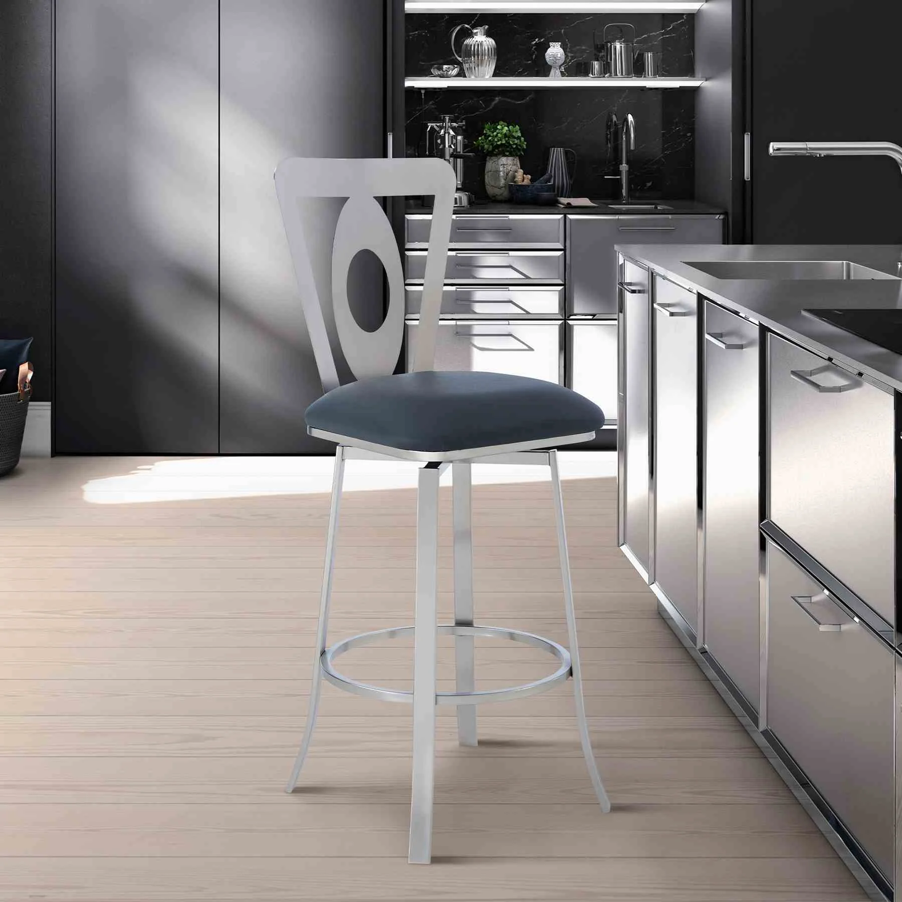 Lola Contemporary 26" Counter Height Barstool in Brushed Stainless Steel Finish and Gray Faux Leather - Image 7