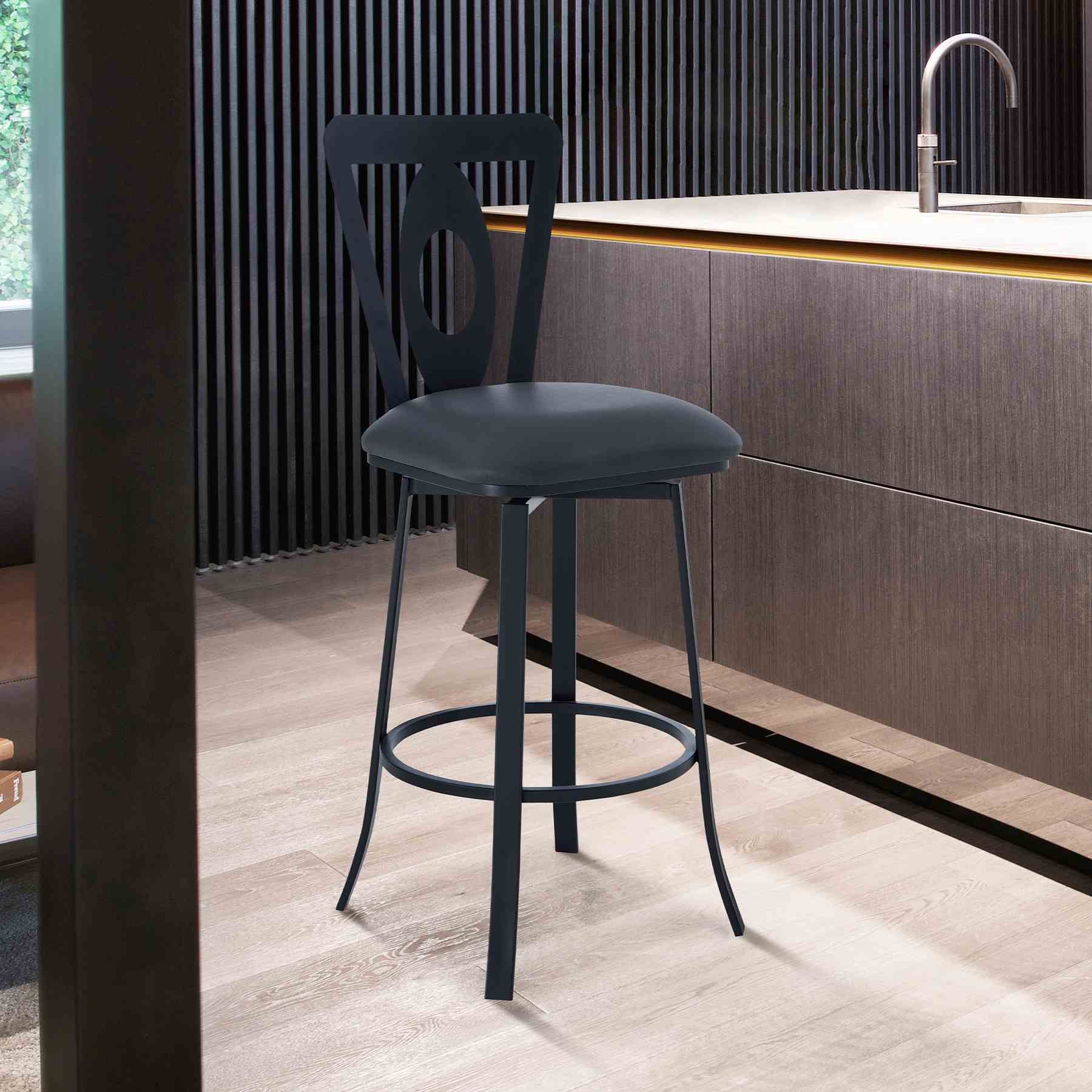 Lola Contemporary 26" Counter Height Barstool in Matte Black Finish and Gray Faux Leather - Image 7