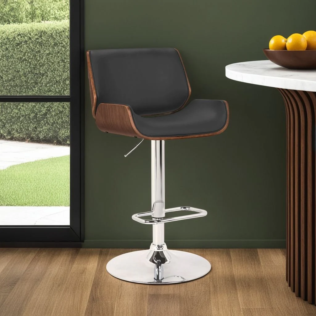 London Black Faux Leather Adjustable Height Swivel Walnut Wood and Chrome Bar Stool - Image 4