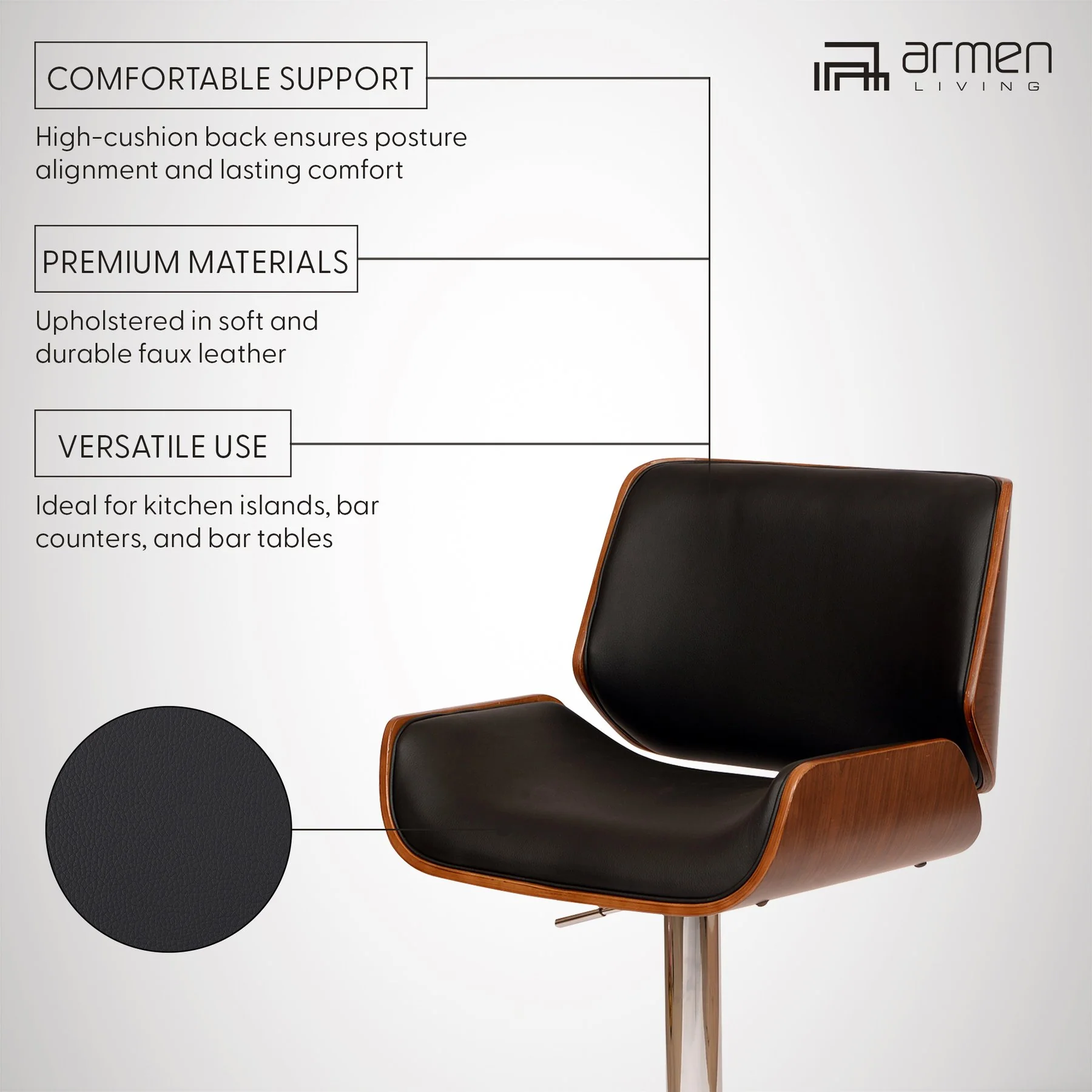 London Black Faux Leather Adjustable Height Swivel Walnut Wood and Chrome Bar Stool - Image 5