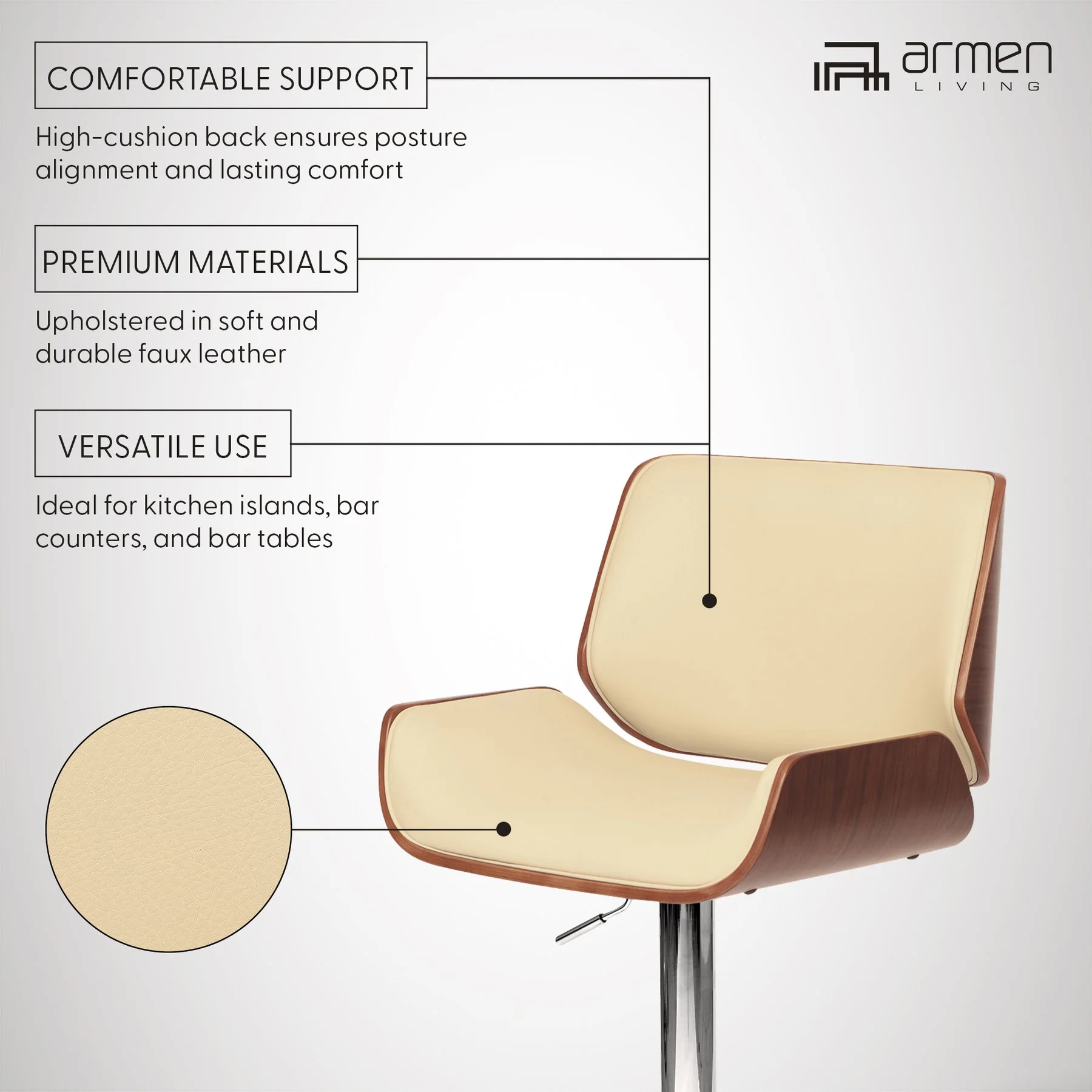 London Cream Faux Leather Adjustable Height Swivel Walnut Wood and Chrome Bar Stool - Image 6