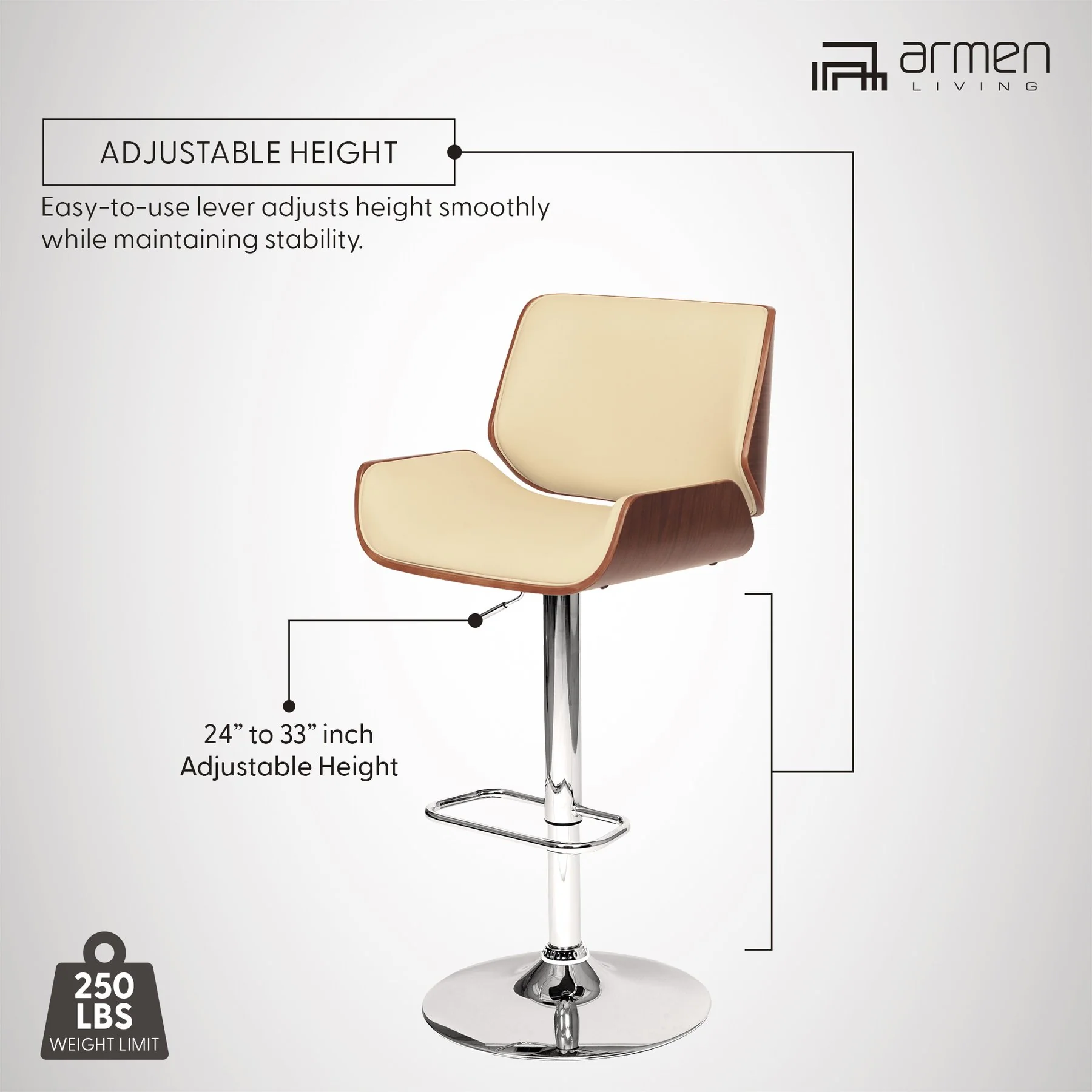 London Cream Faux Leather Adjustable Height Swivel Walnut Wood and Chrome Bar Stool - Image 8