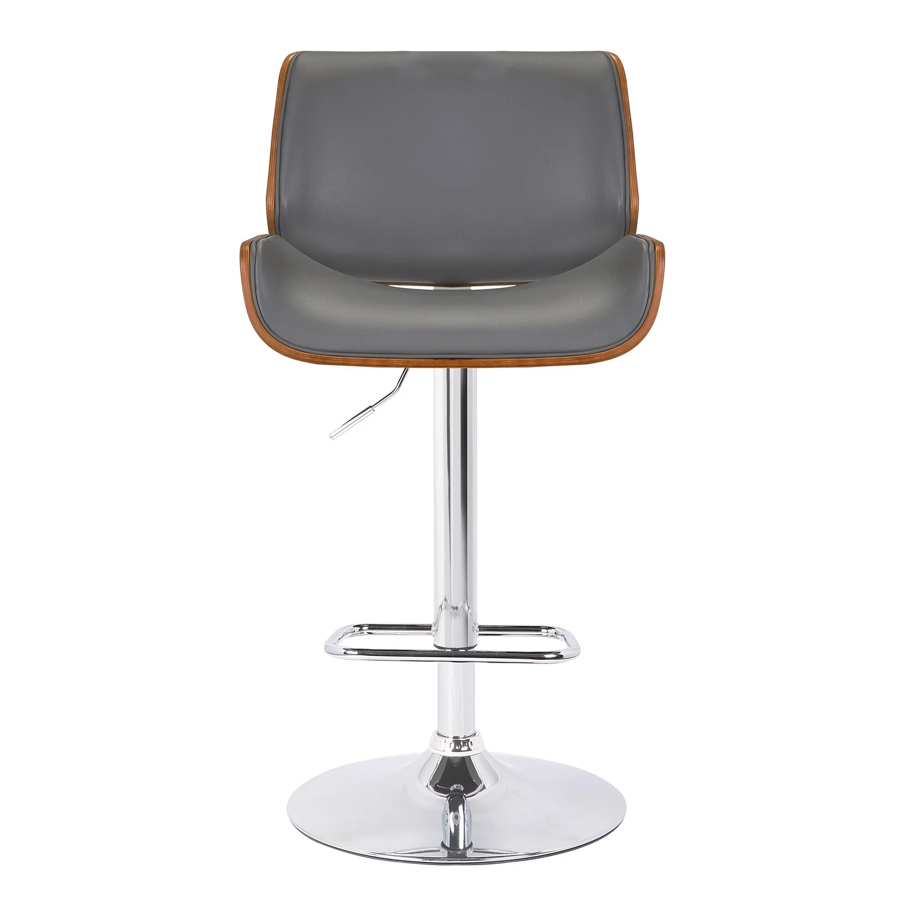 London Gray Faux Leather Adjustable Height Swivel Walnut Wood and Chrome Bar Stool - Image 2