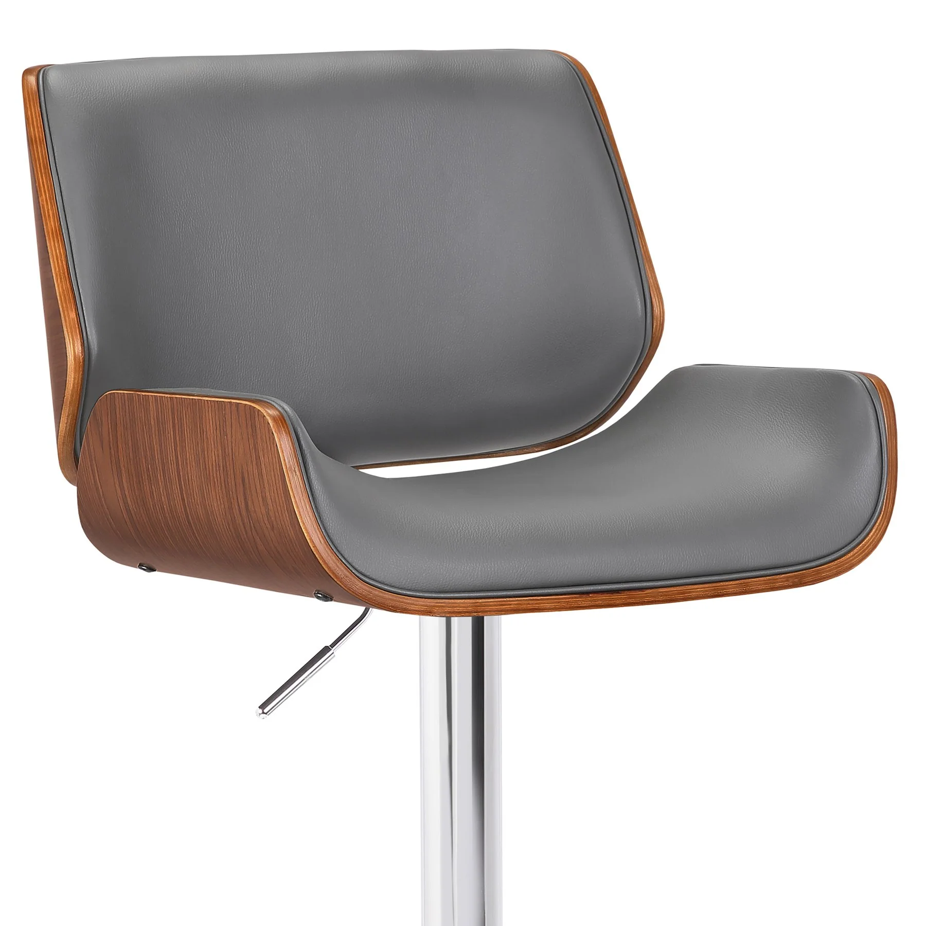London Gray Faux Leather Adjustable Height Swivel Walnut Wood and Chrome Bar Stool - Image 4