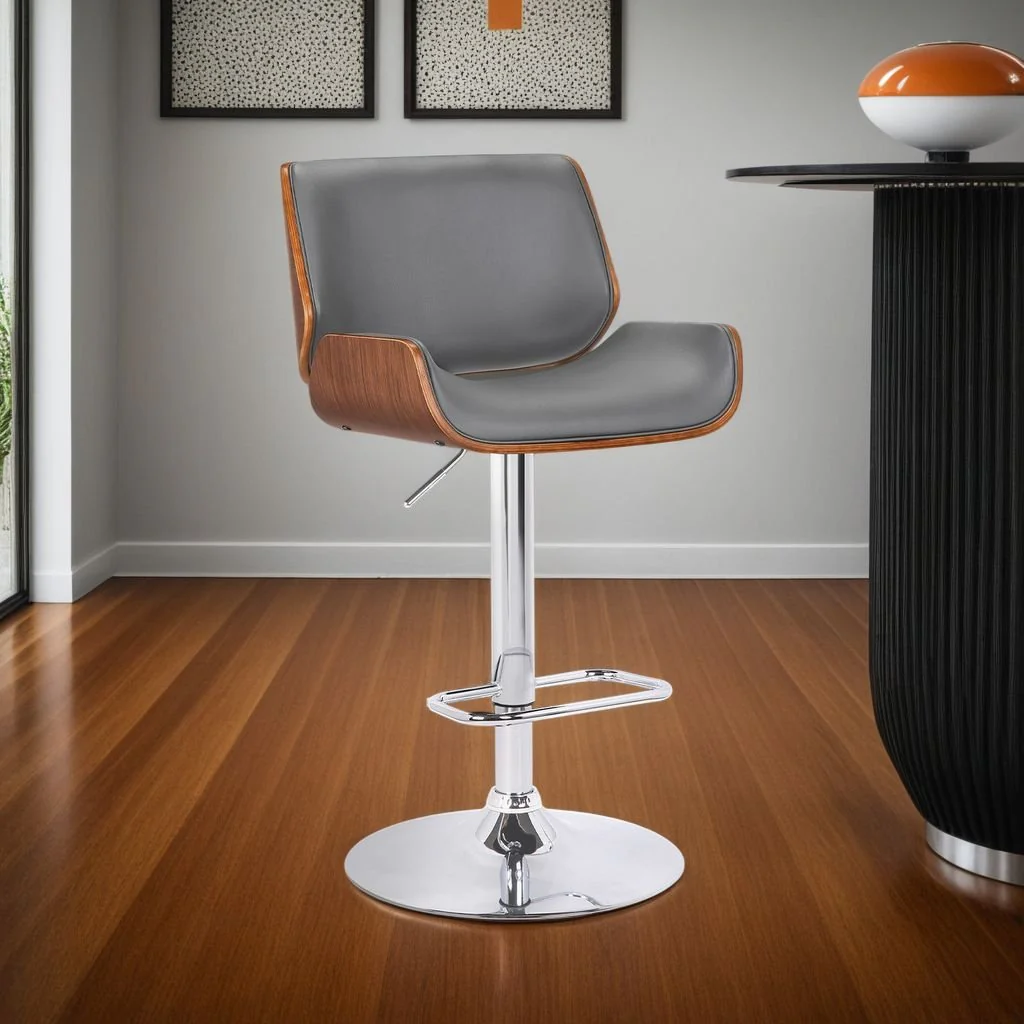 London Gray Faux Leather Adjustable Height Swivel Walnut Wood and Chrome Bar Stool - Image 8