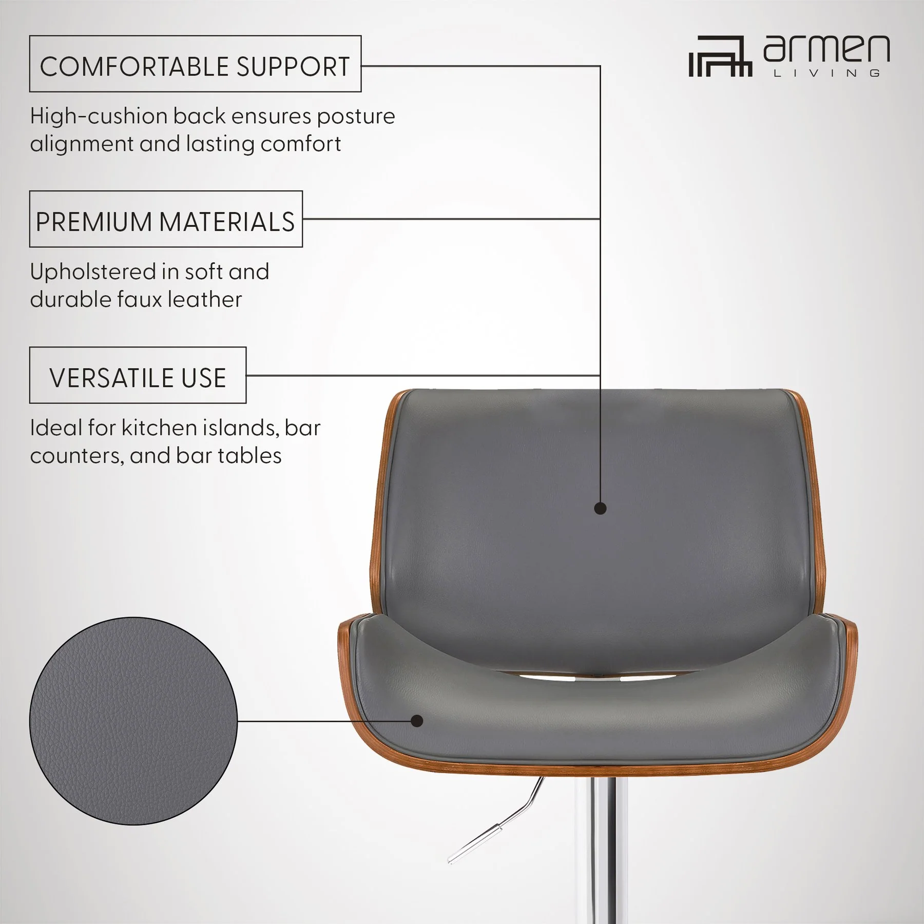 London Gray Faux Leather Adjustable Height Swivel Walnut Wood and Chrome Bar Stool - Image 9