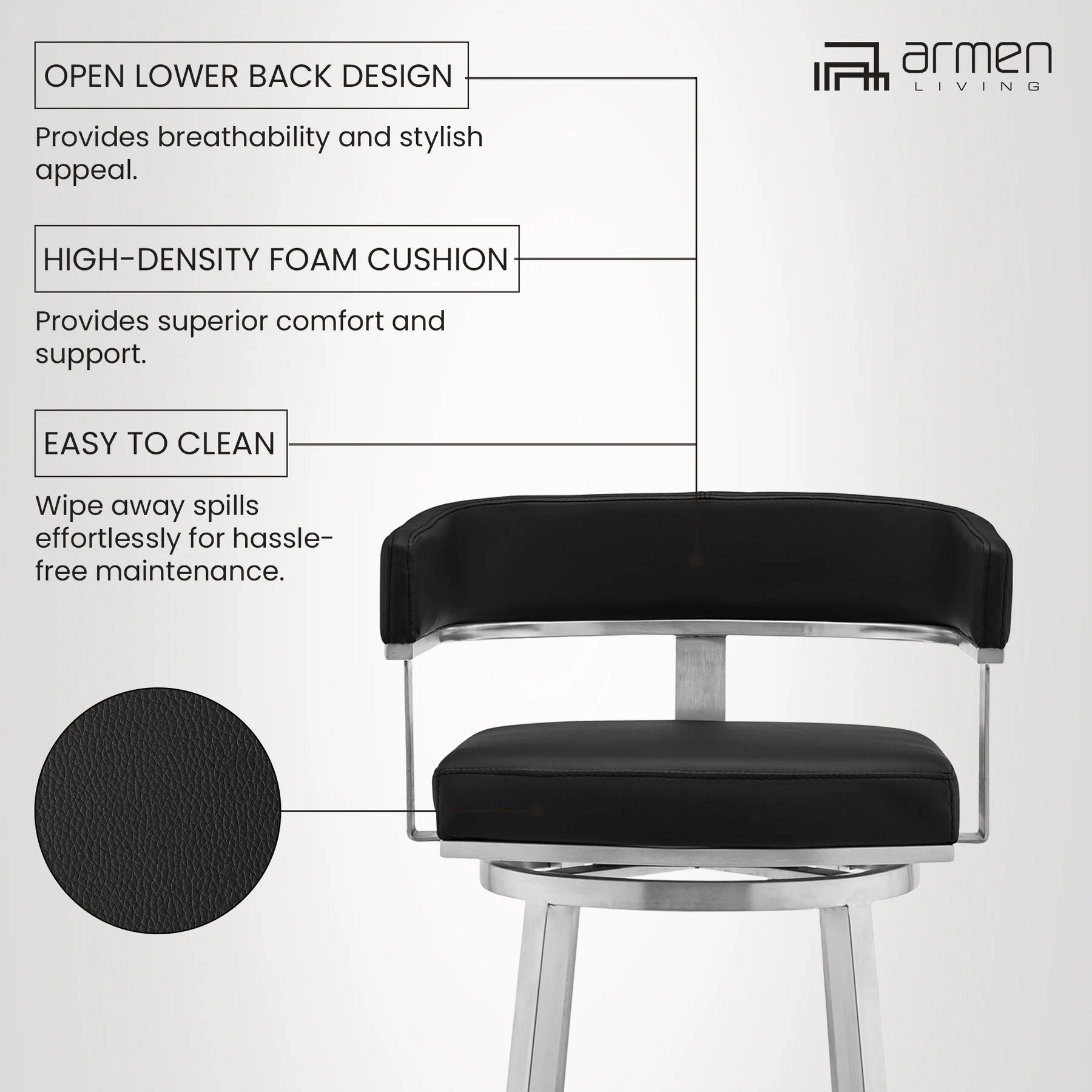 Lorin 26" Black Faux Leather and Brushed Stainless Steel Swivel Bar Stool - Image 9