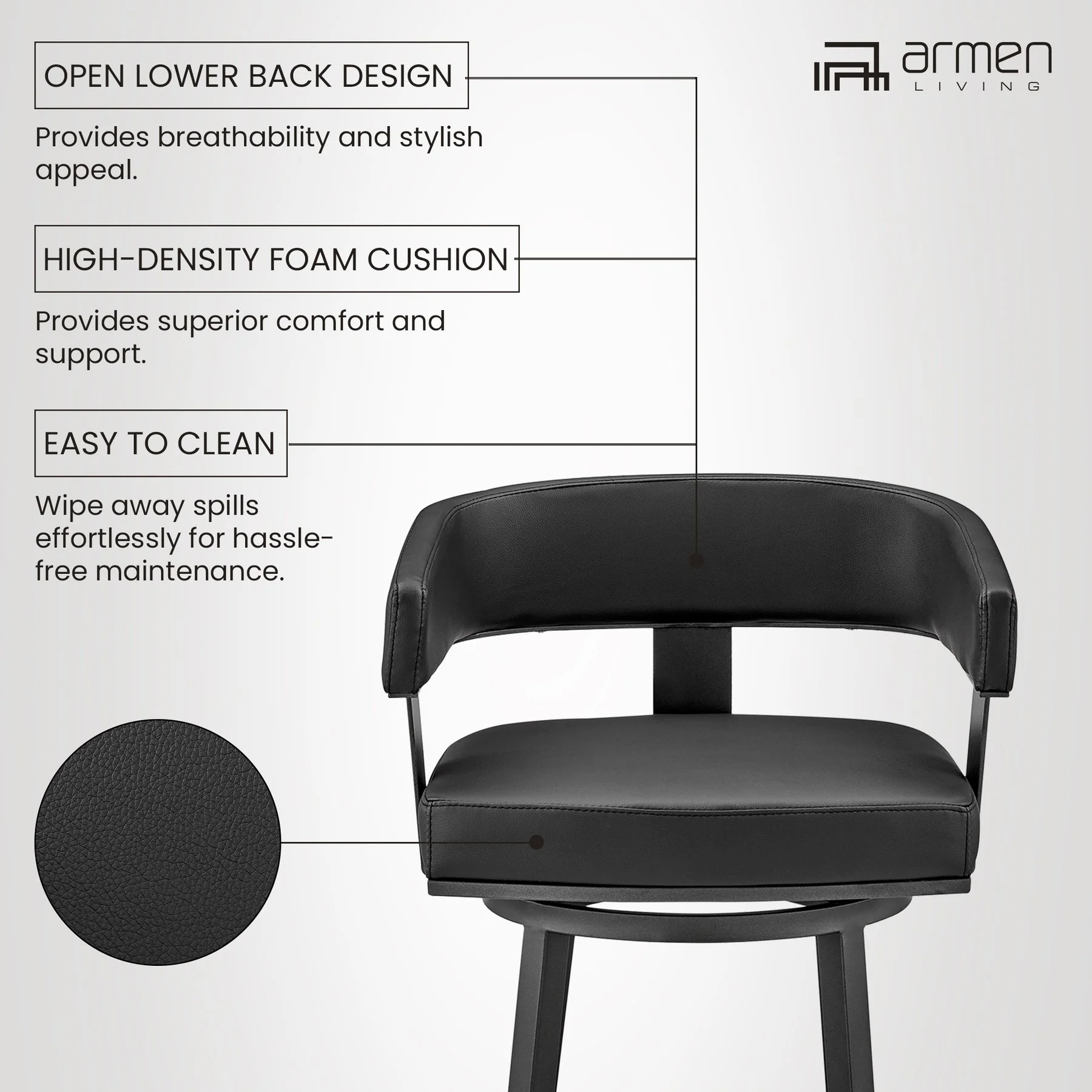 Lorin 26" Counter Height Swivel Bar Stool in Black Finish and Black Faux Leather - Image 11