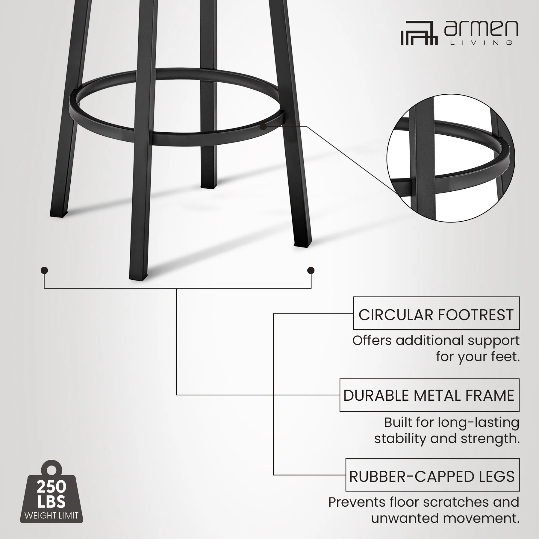 Lorin 26" Counter Height Swivel Bar Stool in Black Finish and Gray Faux Leather - Image 12
