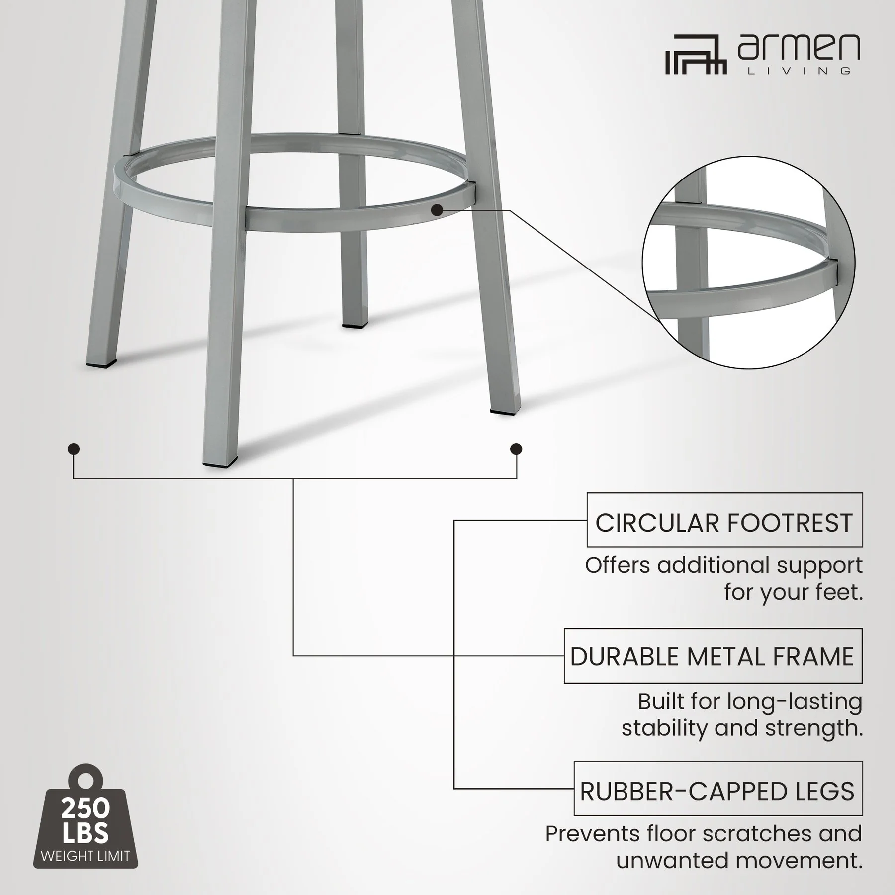 Lorin 26" Counter Height Swivel Bar Stool in Silver Finish with White Faux Leather - Image 12