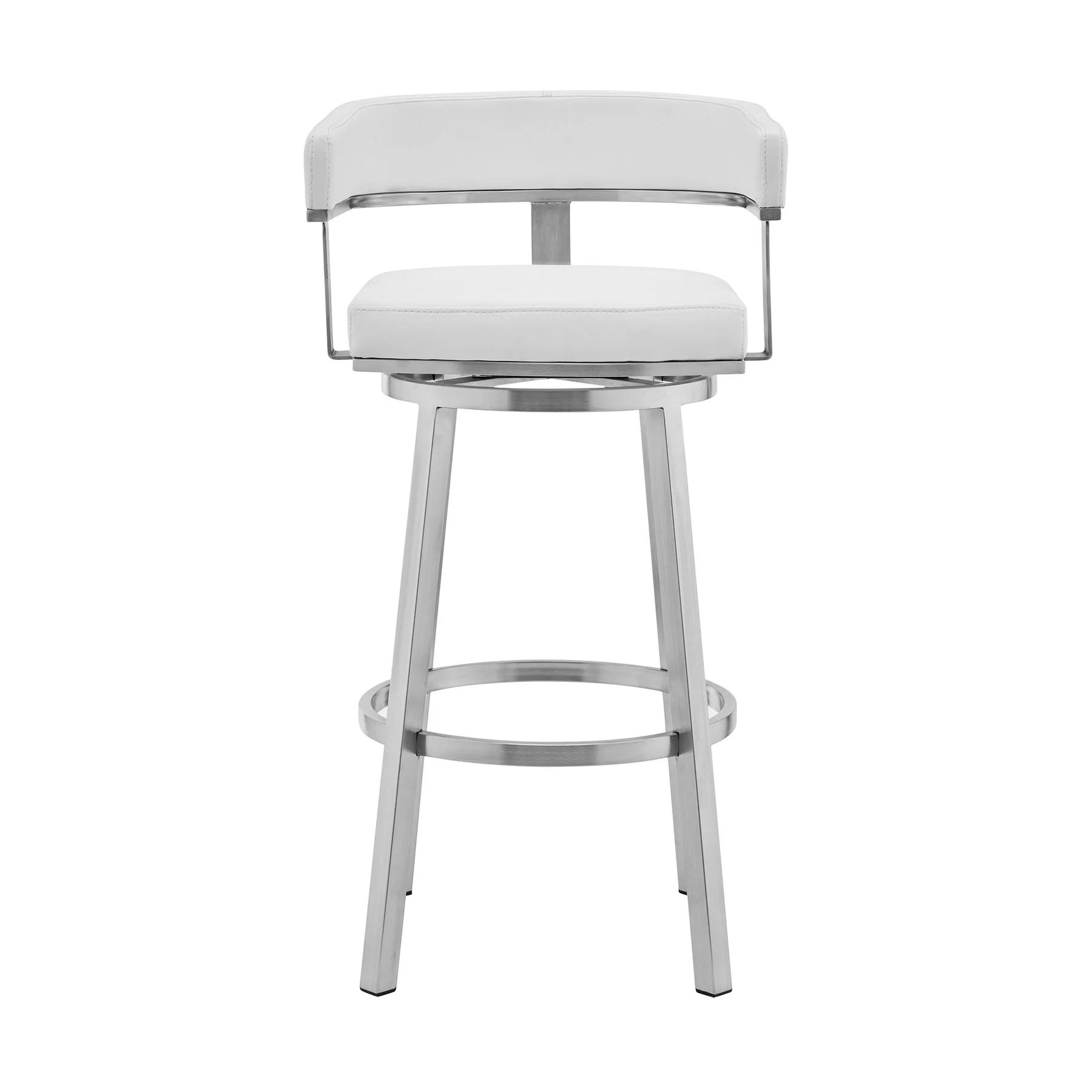 Lorin 26" White Faux Leather and Brushed Stainless Steel Swivel Bar Stool - Image 2