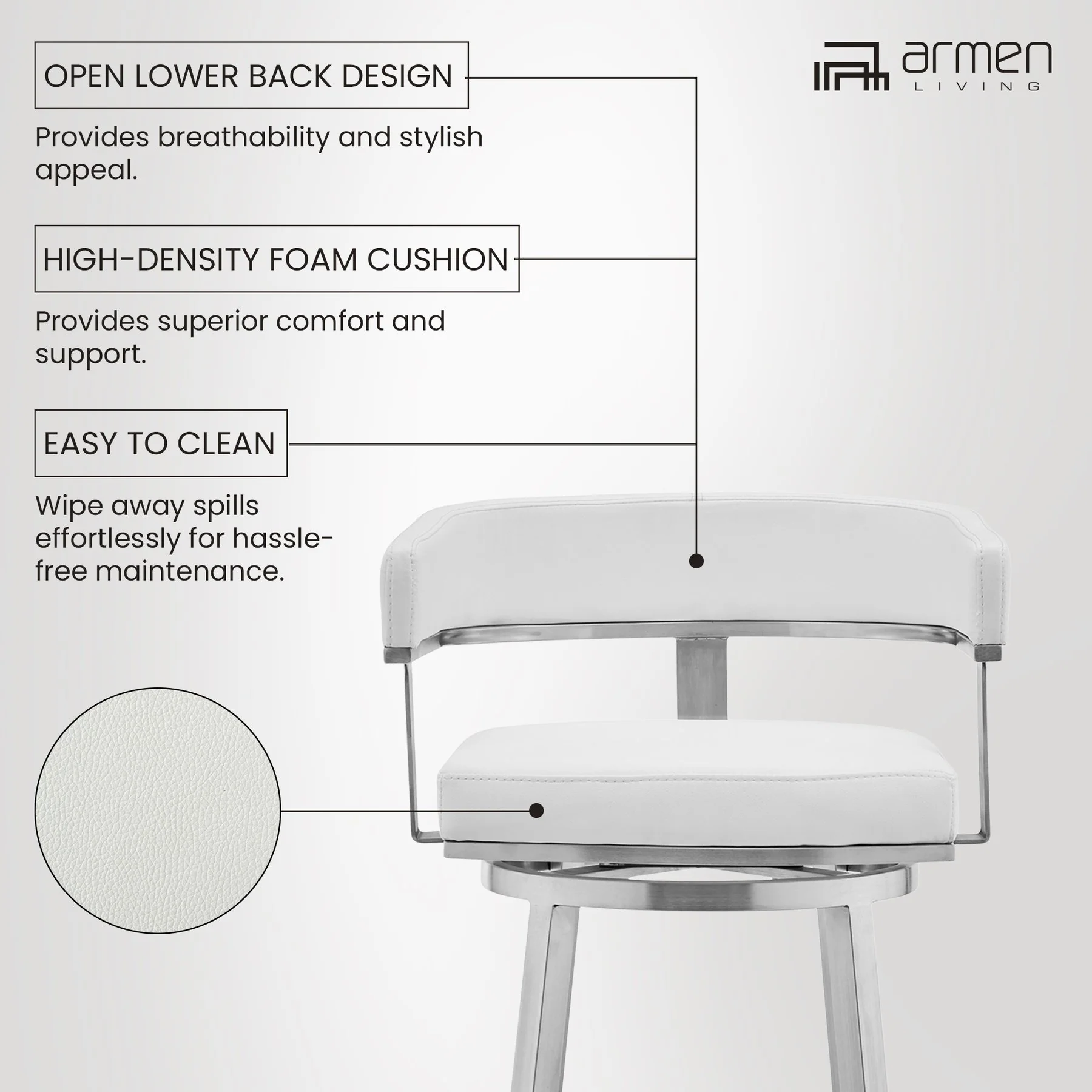 Lorin 26" White Faux Leather and Brushed Stainless Steel Swivel Bar Stool - Image 9