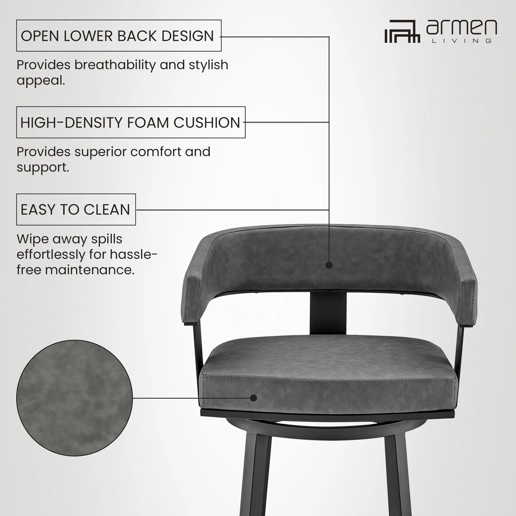 Lorin 30" Bar Height Swivel Bar Stool in Black Finish and Gray Faux Leather - Image 11
