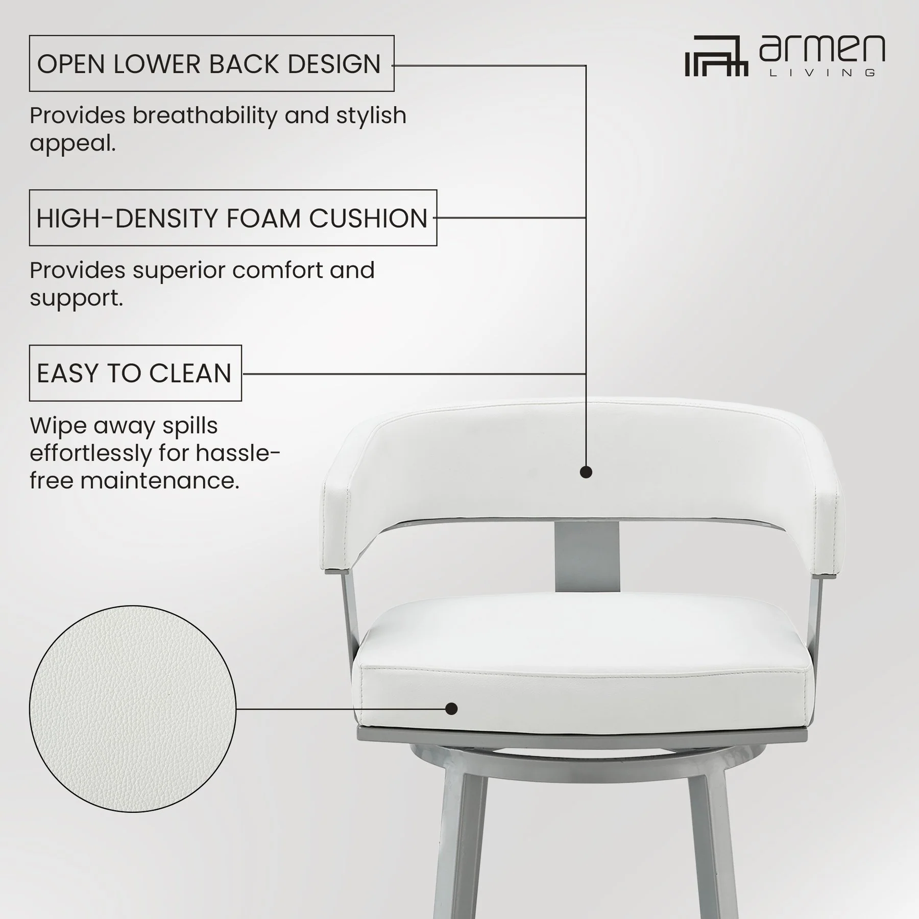 Lorin 30" Bar Height Swivel Bar Stool in Silver Finish with White Faux Leather - Image 11