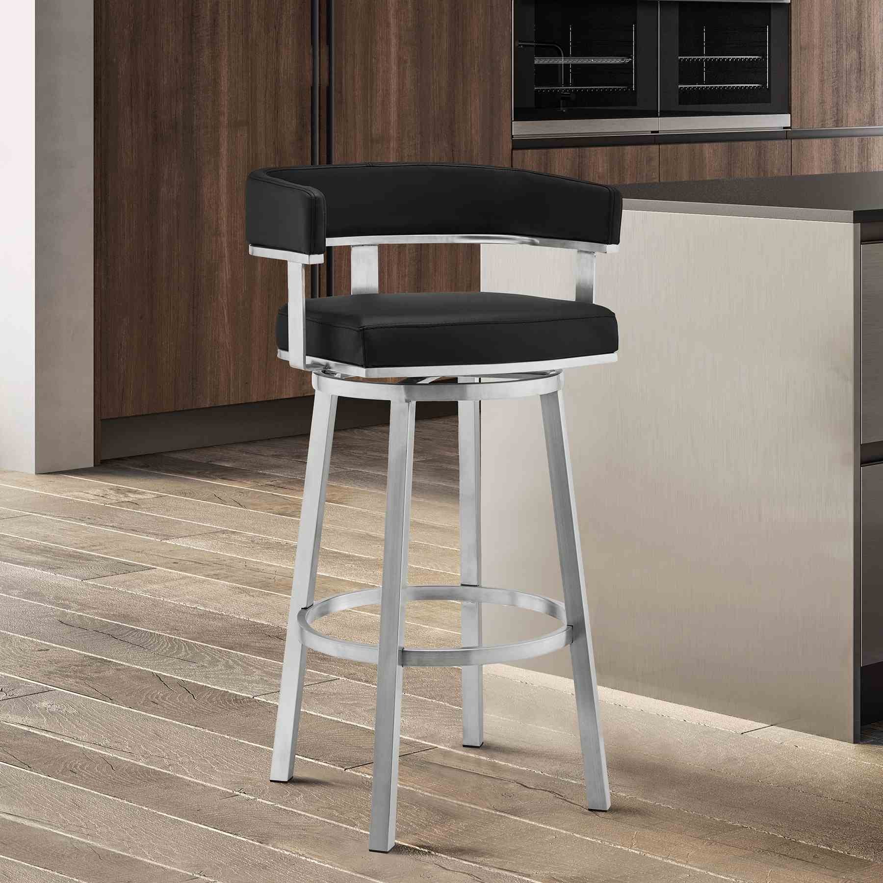 Lorin 30" Black Faux Leather and Brushed Stainless Steel Swivel Bar Stool - Image 8