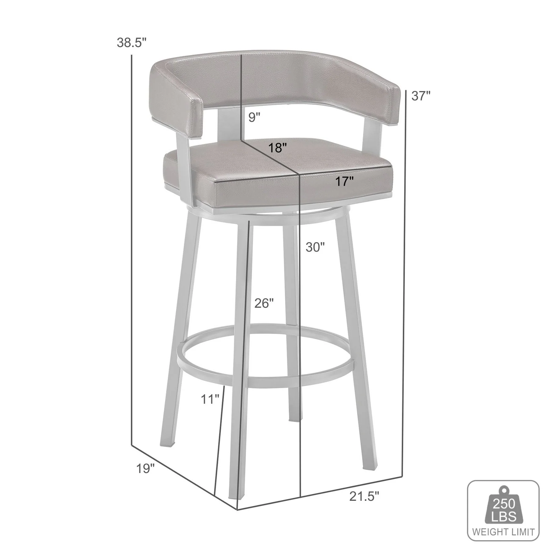 Lorin 30" Gray Faux Leather and Brushed Stainless Steel Swivel Bar Stool - Image 7