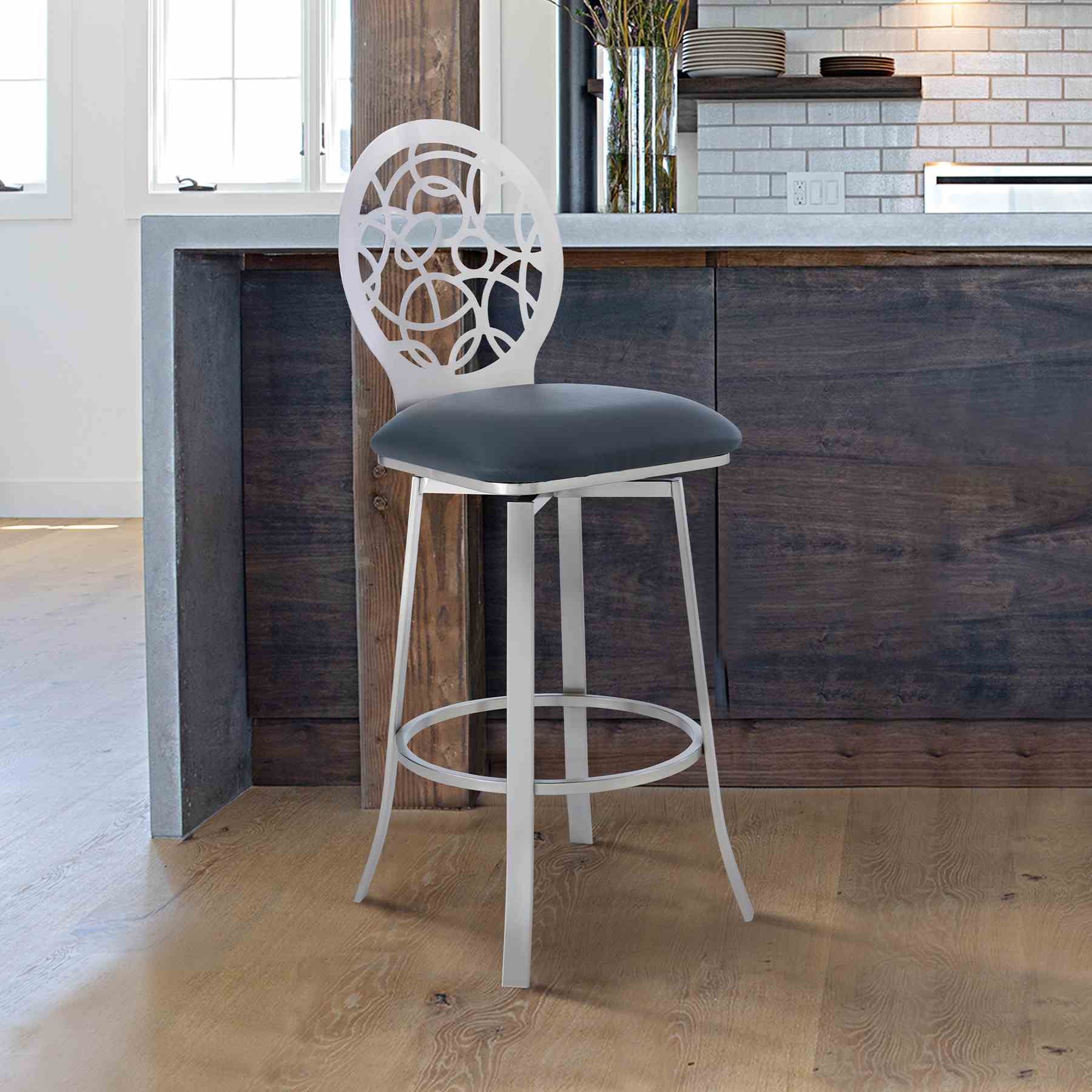 Lotus Contemporary 26" Counter Height Barstool in Brushed Stainless Steel Finish and Gray Faux Leather - Image 7