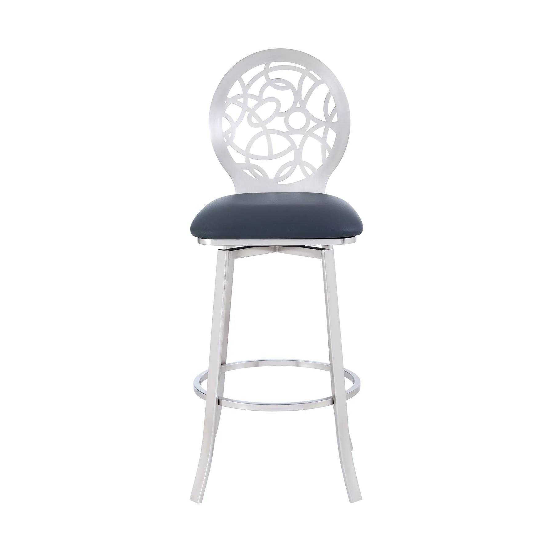Lotus Contemporary 30" Bar Height Barstool in Brushed Stainless Steel Finish and Gray Faux Leather - Image 2