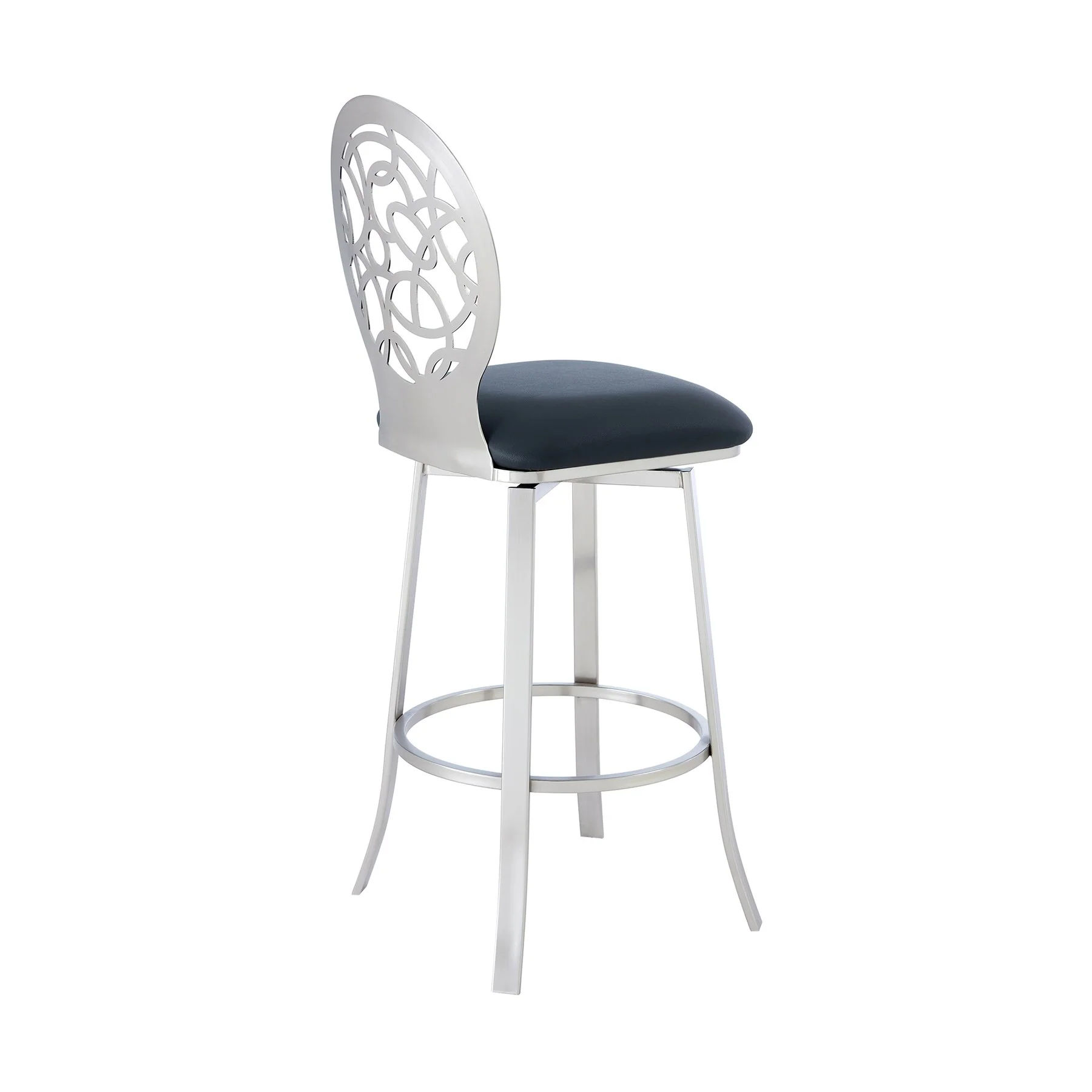 Lotus Contemporary 30" Bar Height Barstool in Brushed Stainless Steel Finish and Gray Faux Leather - Image 3