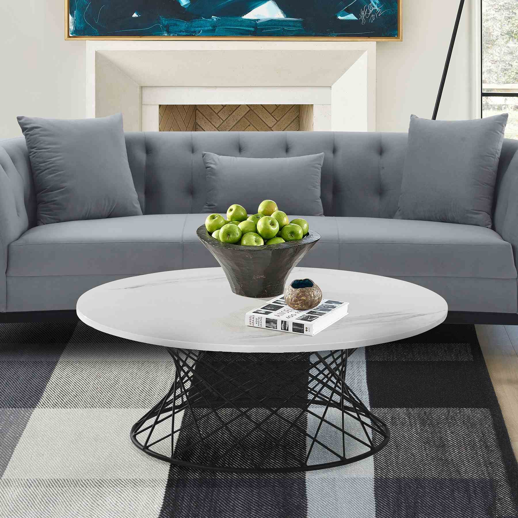 Loxley White Marble Coffee Table with Black Metal Base - Image 6