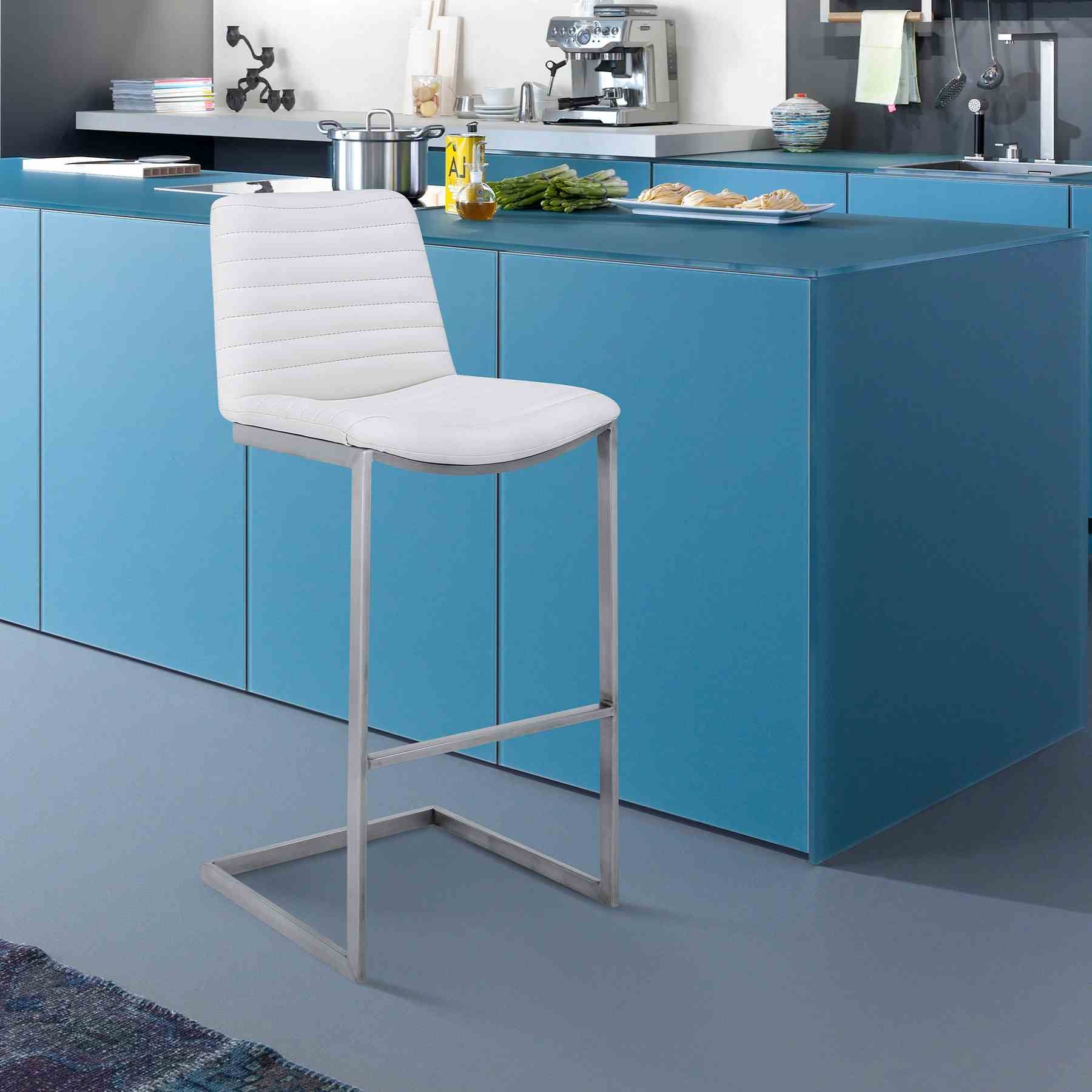 Lucas Contemporary 30" Bar Height Barstool in Brushed Stainless Steel Finish and White Faux Leather - Image 5