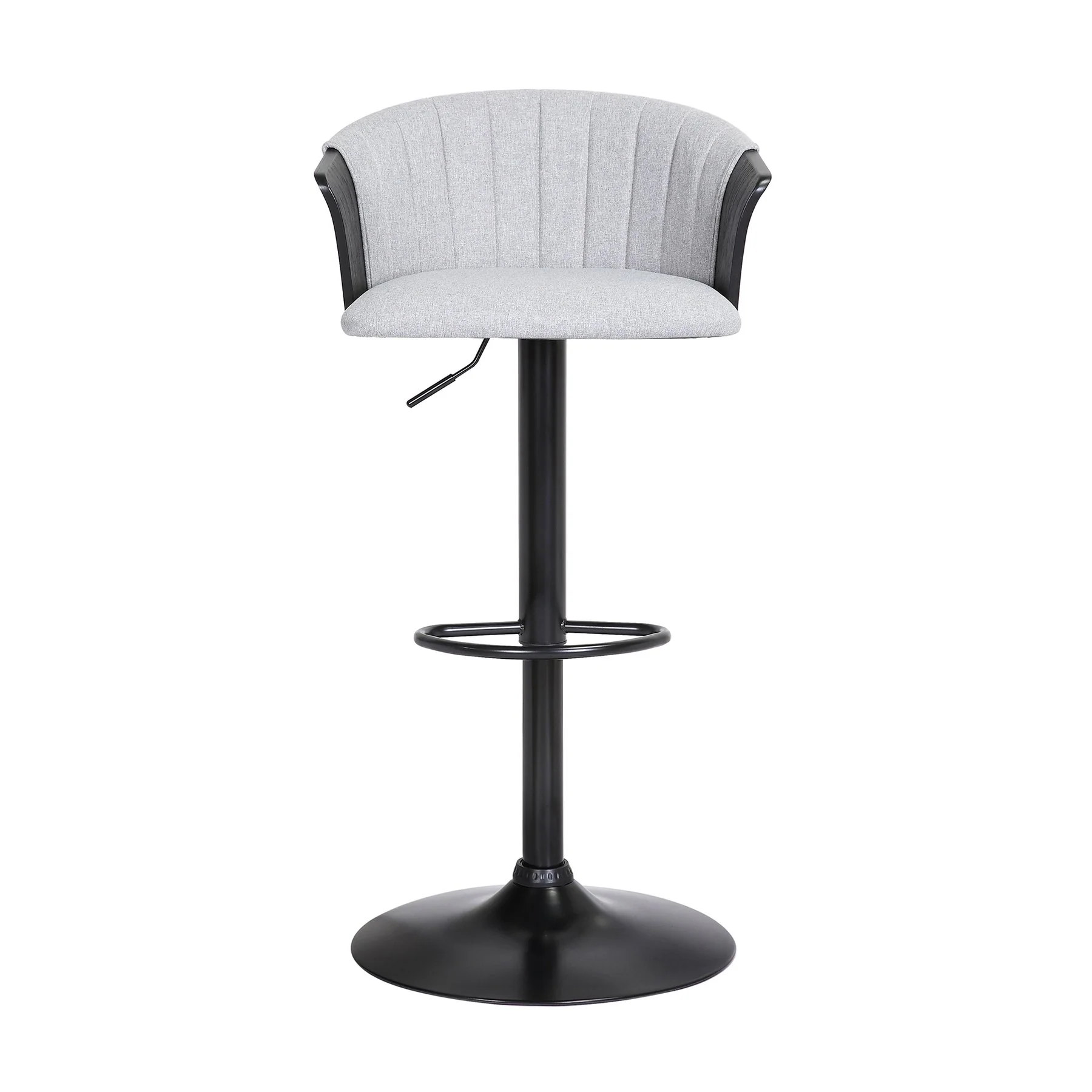 Lydia Adjustable Black Wood Bar Stool in Light Gray Fabric with Black Metal - Image 2