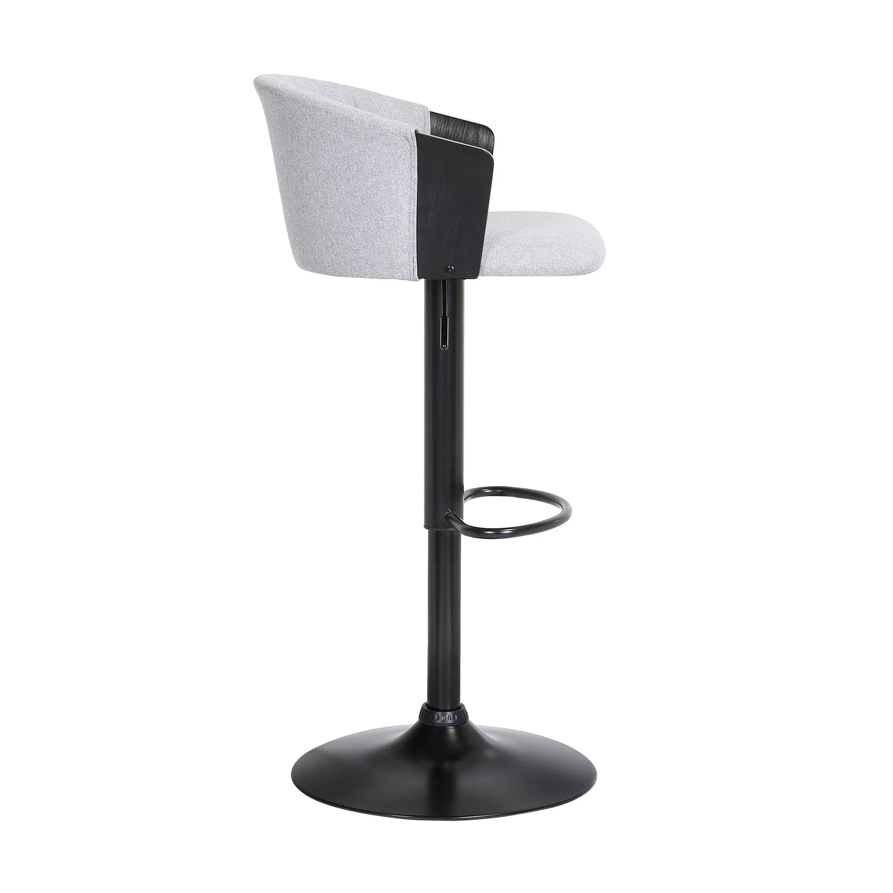 Lydia Adjustable Black Wood Bar Stool in Light Gray Fabric with Black Metal - Image 3