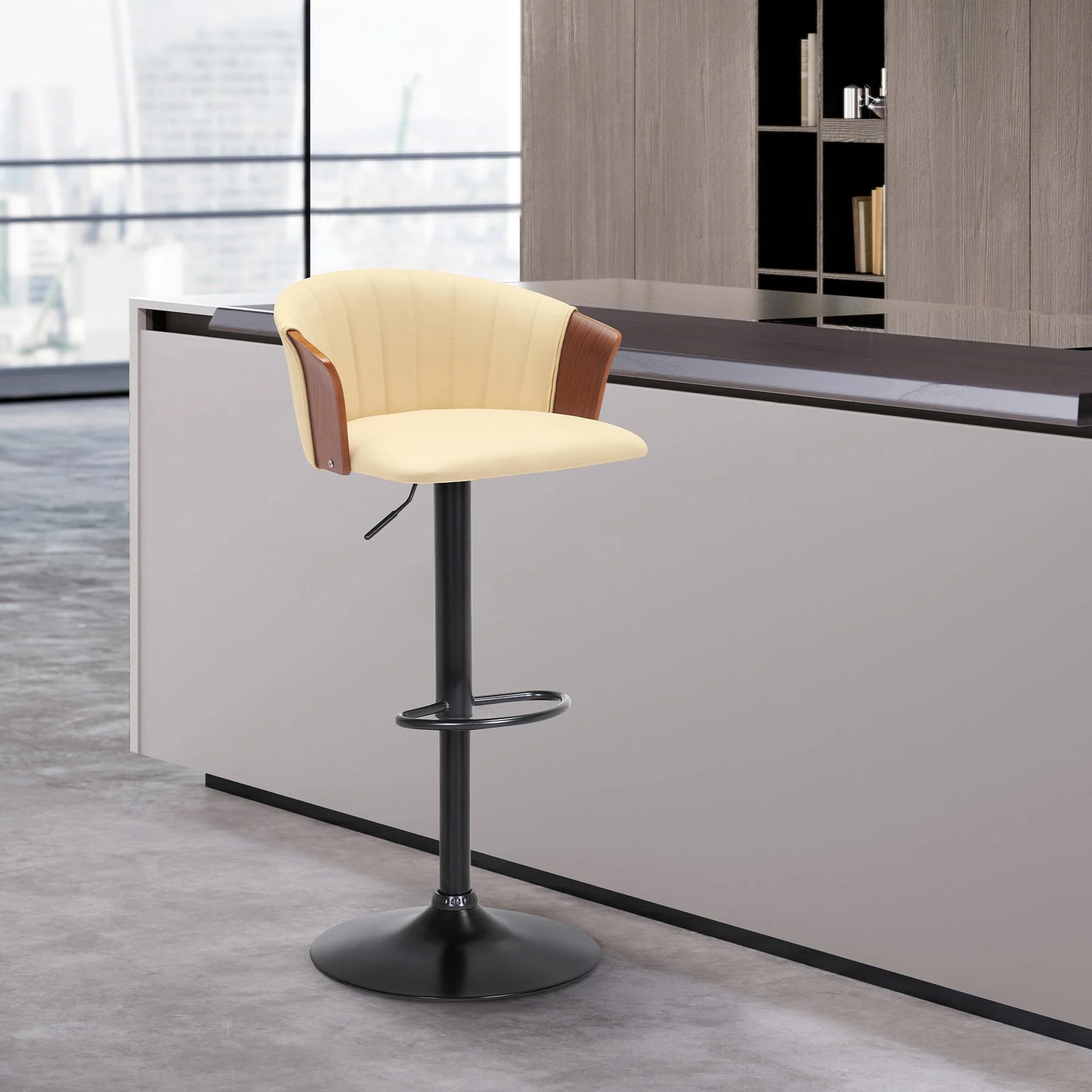 Lydia Adjustable Walnut Wood Bar Stool in Cream Faux Leather with Black Metal - Image 9