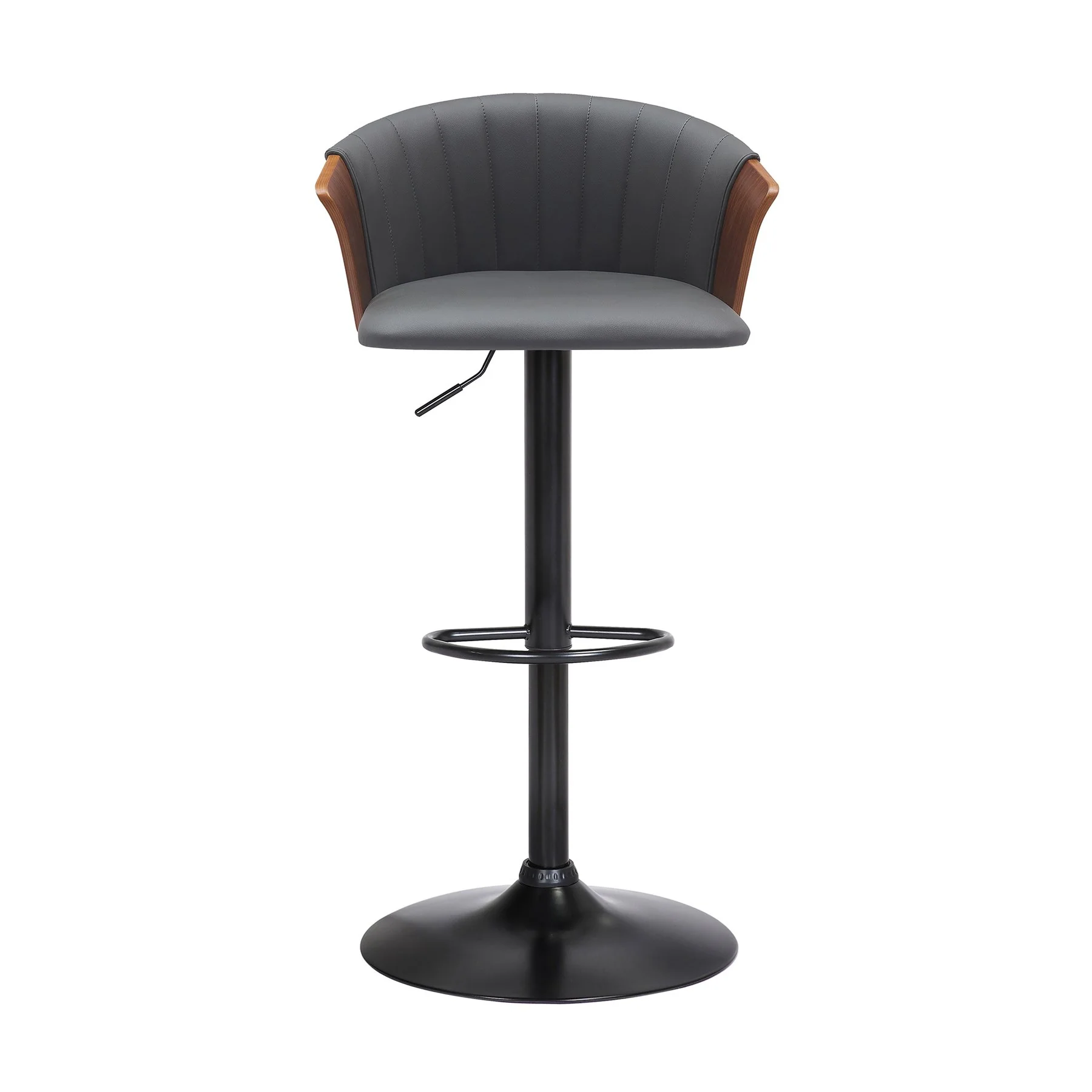 Lydia Adjustable Walnut Wood Bar Stool in Gray Faux Leather with Black Metal - Image 2