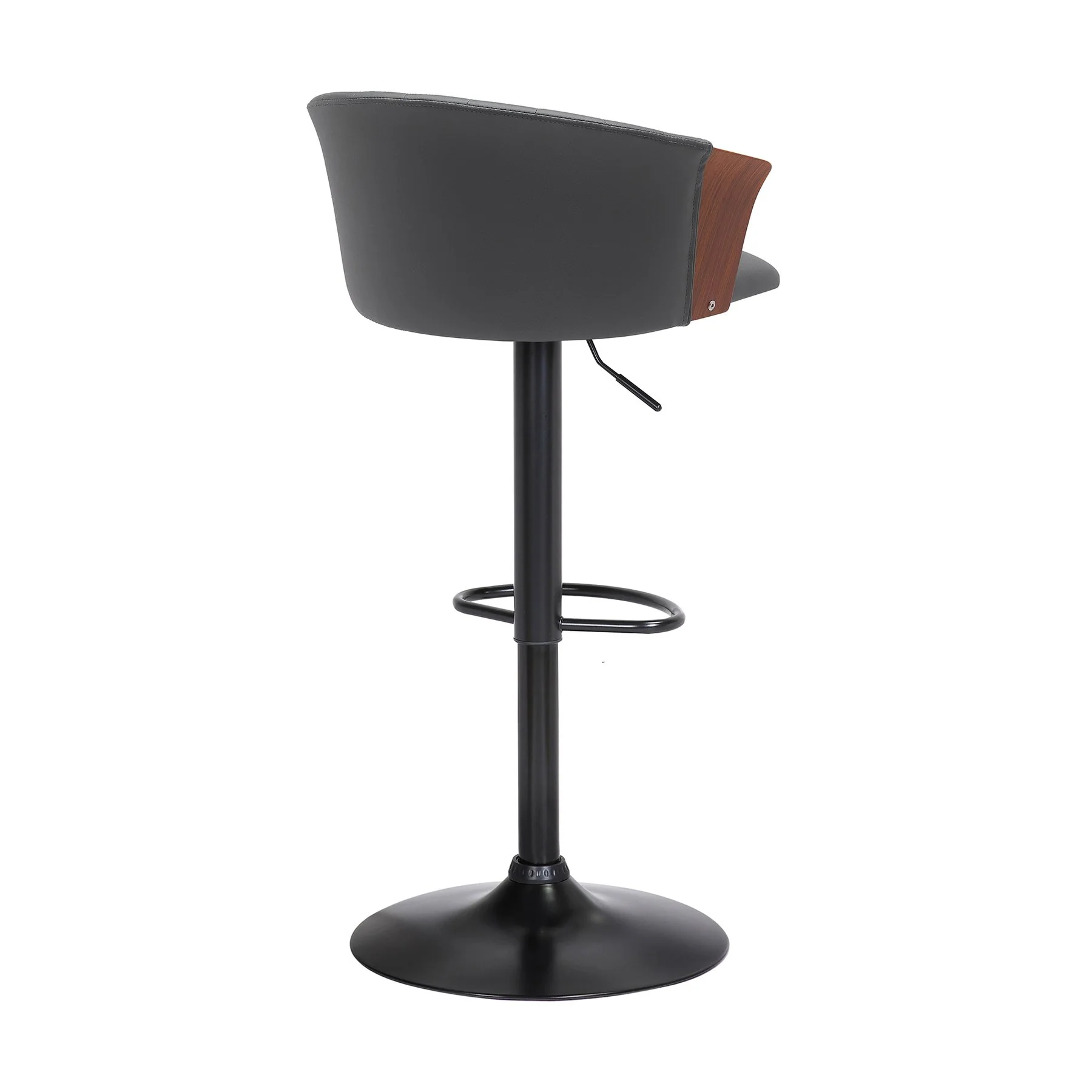 Lydia Adjustable Walnut Wood Bar Stool in Gray Faux Leather with Black Metal - Image 3