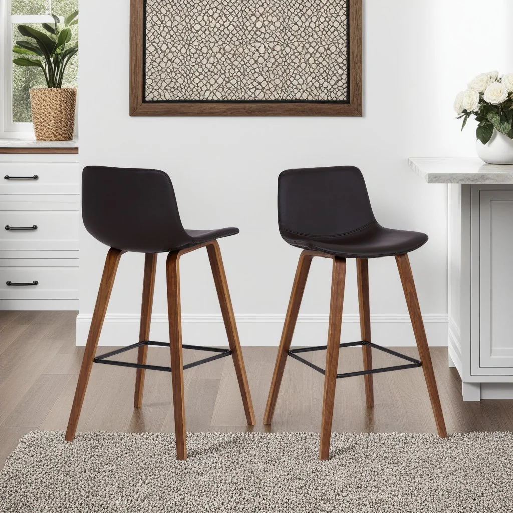 Maddie Contemporary 26" Barstool in Walnut Wood Finish and Brown Faux Leather - Image 6
