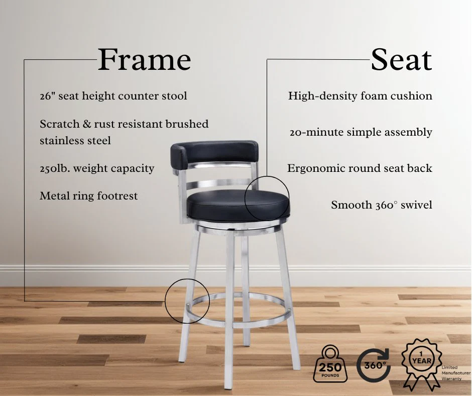 Madrid 26" Counter Height Swivel Black Faux Leather and Brushed Stainless Steel Bar Stool - Image 9
