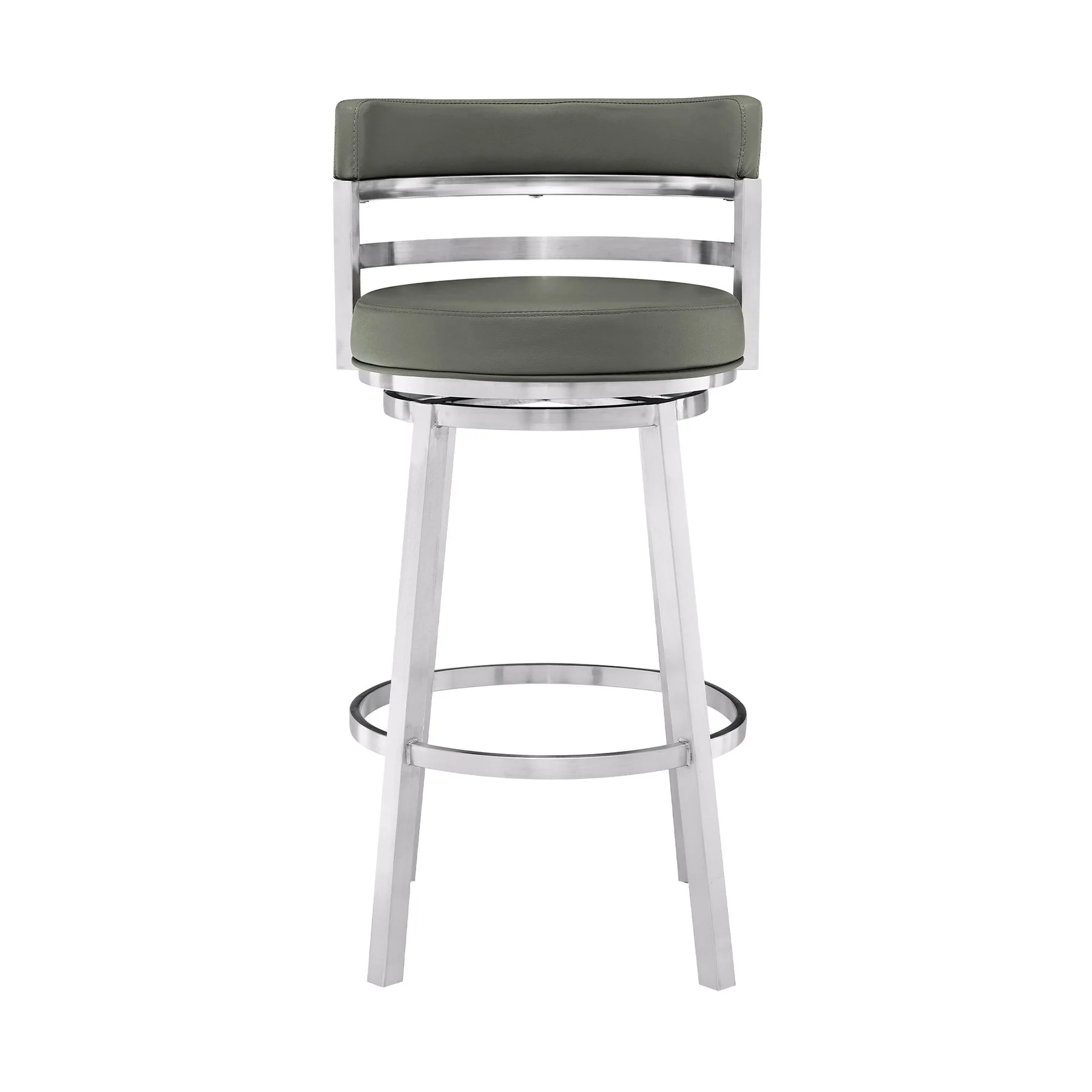 Madrid 26" Counter Height Swivel Gray Faux Leather and Brushed Stainless Steel Bar Stool - Image 2
