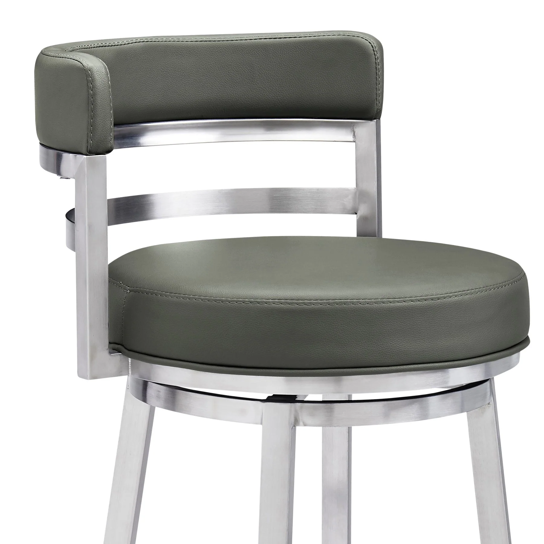 Madrid 26" Counter Height Swivel Gray Faux Leather and Brushed Stainless Steel Bar Stool - Image 4