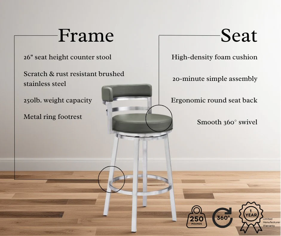 Madrid 26" Counter Height Swivel Gray Faux Leather and Brushed Stainless Steel Bar Stool - Image 8